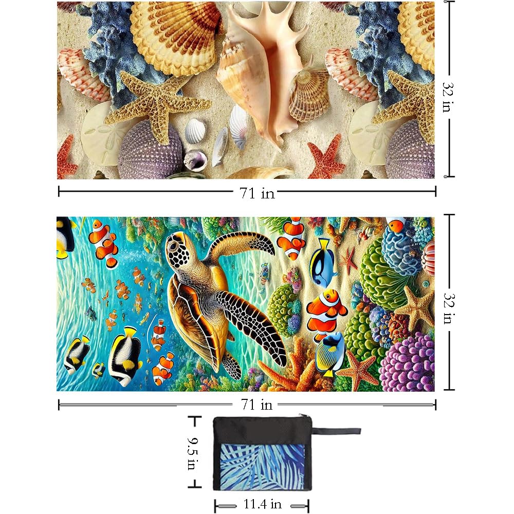 2 Pcs Microfiber Beach Towel Lightweight Sand Free Quick Dry Serviette de Plage Towels for Swimming Pool Camping 71''X32'' Beach Accessories Travel Things for Women Men Vacation Essentials Gift Turtle