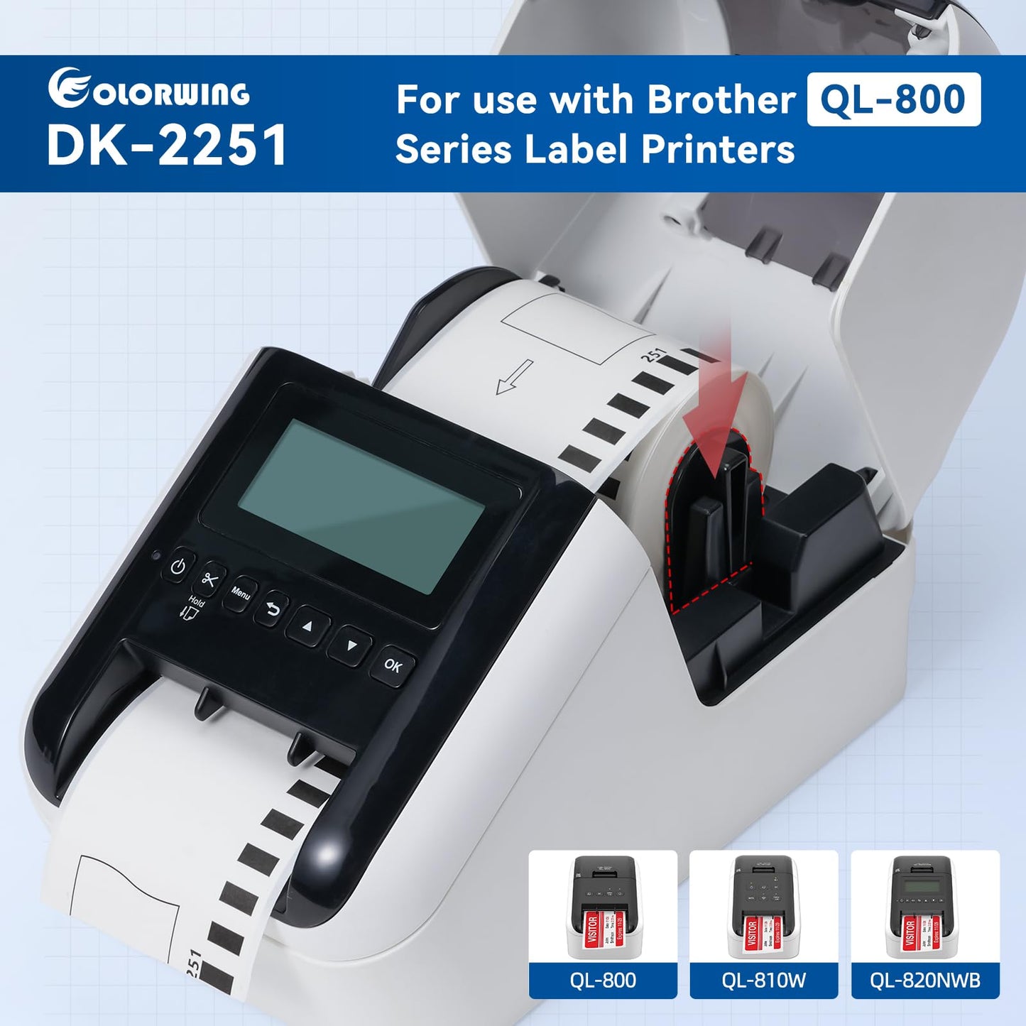 COLORWING DK-2251 Replace for Brother DK2251 Black/Red 2.4in x 50ft Continuous Length Labels White Paper Tape, 2-3/7" x 50' Use for Brother QL-800, QL-810W, QL-820NWB Printers, 3 Rolls+1 Frame