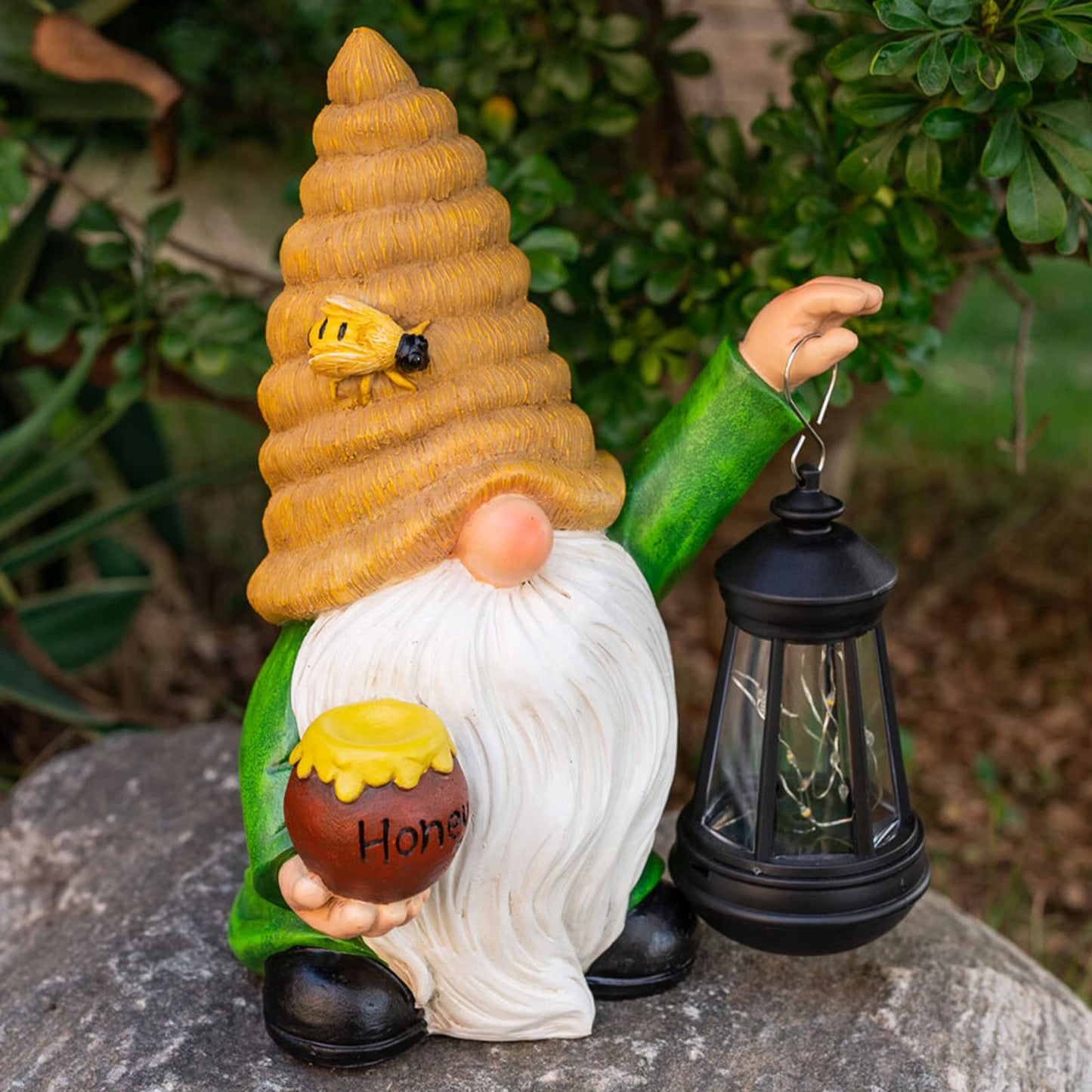 WONDHOME 12.3''Solar Garden Gnome Outdoor Decor Honey Bee jar Gnome Statue with LED Lantern Spring Patio Yard Art Decoration Mother's Day Christmas Gardening Gifts for Women Mom