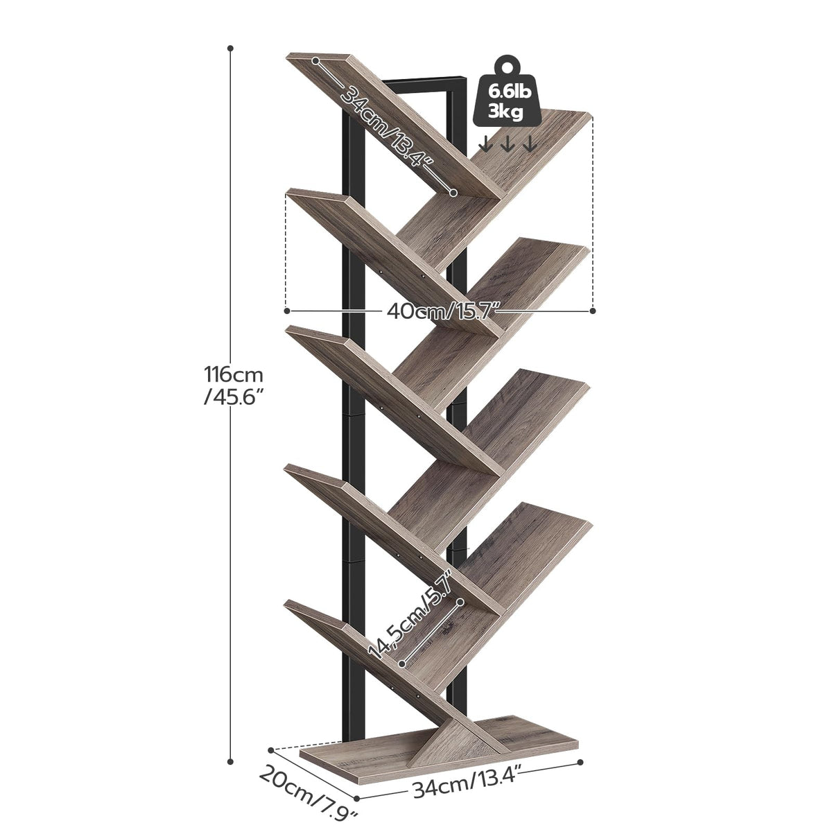 HOOBRO Tree Bookshelf, 9-Tier Bookcase Wooden Shelves, Floor Standing Storage Rack, for Display of CDs, Books in Living Room, Home Office, Wood Storage Rack for Bedroom, Greige BG08SJ01G1