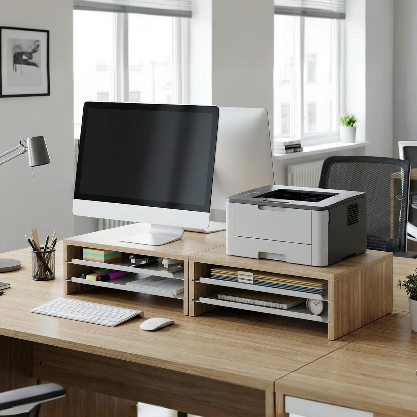 FENGE Monitor Stand, 3-Tier Monitor Riser with Slide-Out Tray, Wooden and Metal Desktop Organizer for Home Office, Computer, Laptop, Printer, Telephone,Oak
