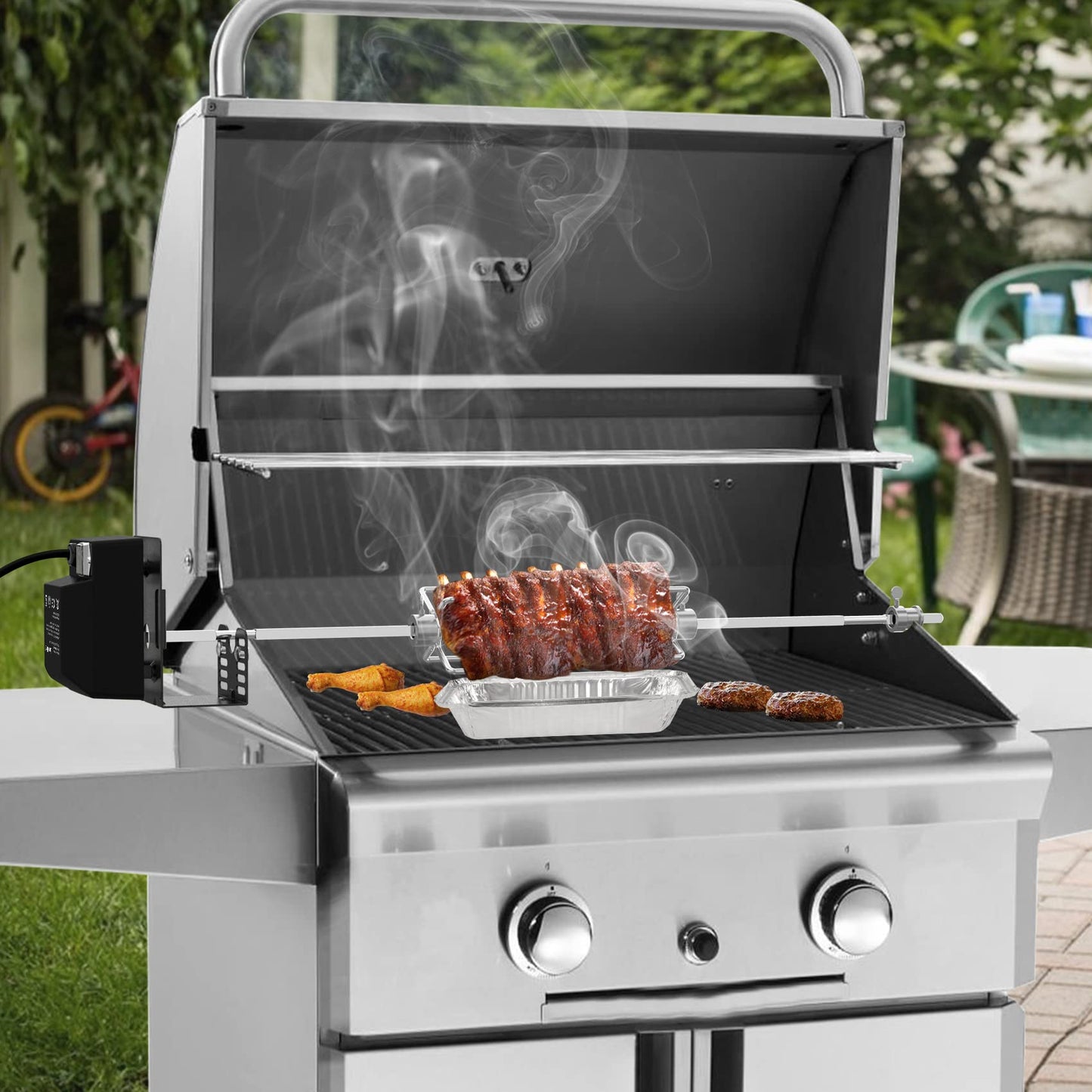 onlyfire Universal Rotisserie Kit for Most Gas Grills – Heavy Duty BBQ Rotisserie with 110V Electric Motor, 28" Square Spit Rod & 4-Prong Meat Forks, Outdoor Grill Accessories for Turkey Chicken Roast