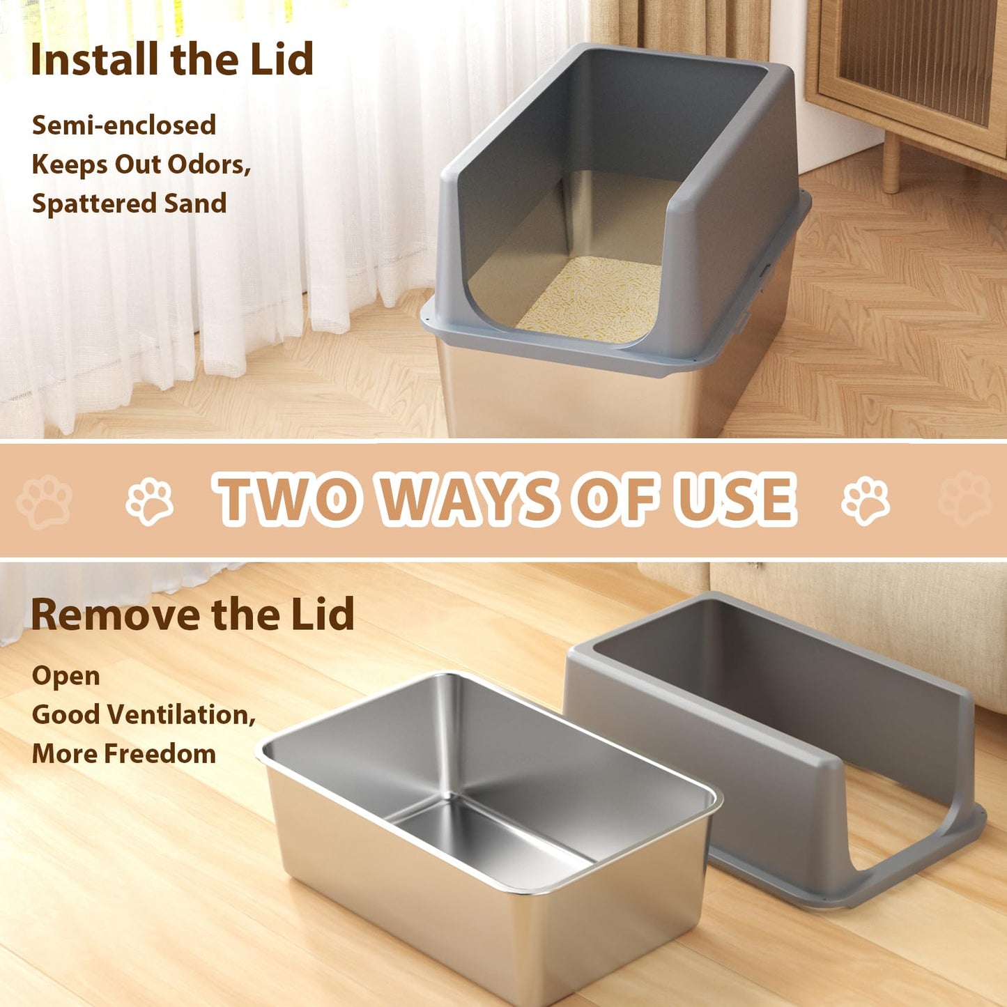 LIHOOOOM Enclosed Cat Litter Box,High Sided Stainless Steel Litter Box Anti-Leakage,Non-Stick Extra Large Litter Box with Lid,23.5" L x 15.5" W x 16" H(Grey)