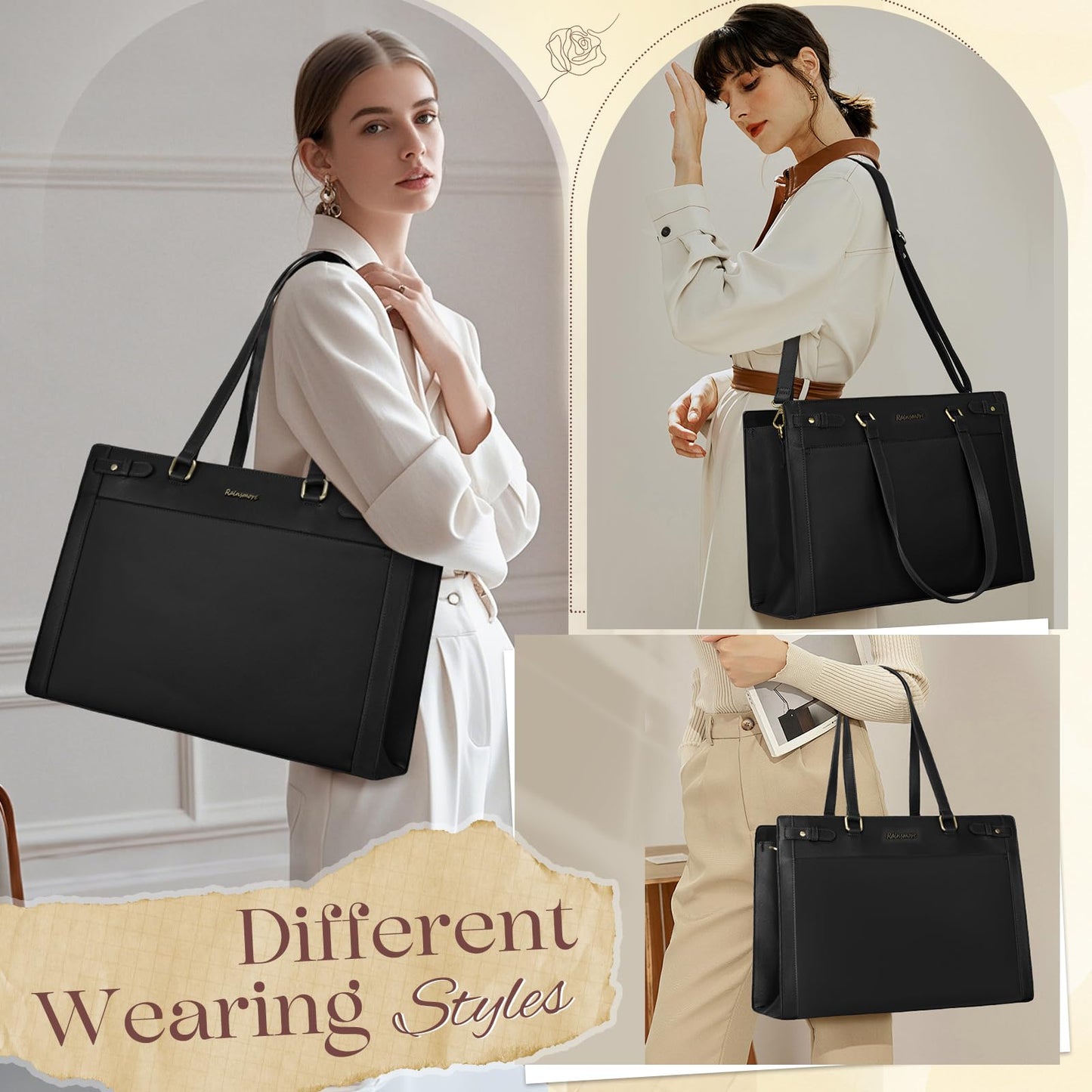 RAINSMORE Laptop Bags for Women 15.6 Inch PU Vegan Leather Work Tote Bag Waterproof Computer Bag Womens Briefcase Designer Satchel Bag for Office Teacher College Large Tote Purse Professional Black
