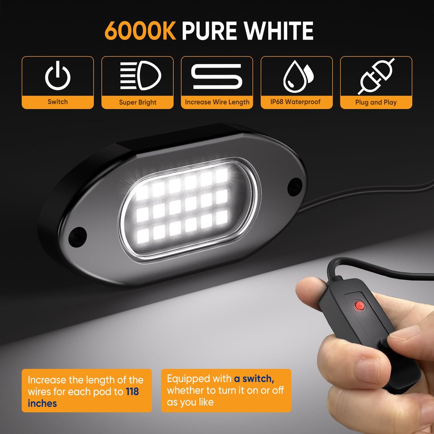 Honalia Pure White Rock Lights for Trucks 12 Pods, 6000K White Neon Lights Kits with Switch