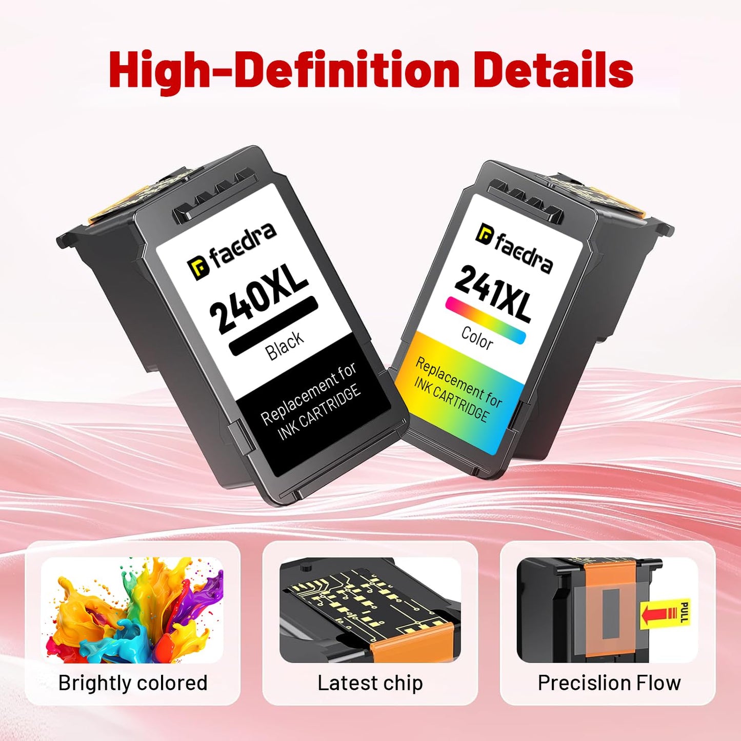 Faedra 240XL 241XL Ink Cartridges for Canon PG-240XL CL-241XL Ink Cartridges Combo Pack 240 XL 241XL for Canon PIXMA MG3620 MG3600 TS5120 MG3220 MG3520 MG2120 MX472 MX452 Ink (1Black 1Color)