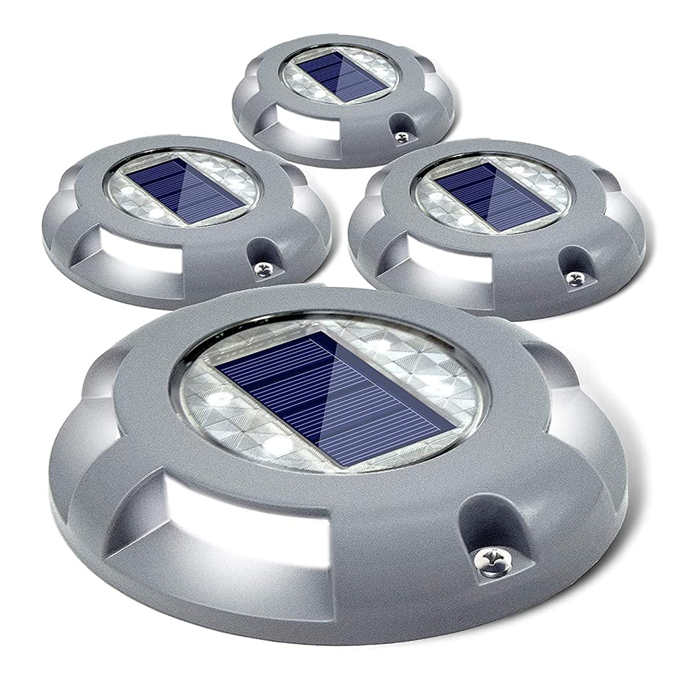 SIEDiNLAR Solar Deck Lights Driveway Dock LED Light Solar Powered Outdoor Waterproof Road Markers for Step Sidewalk Stair Garden Ground Pathway Yard 4 Pack (White)