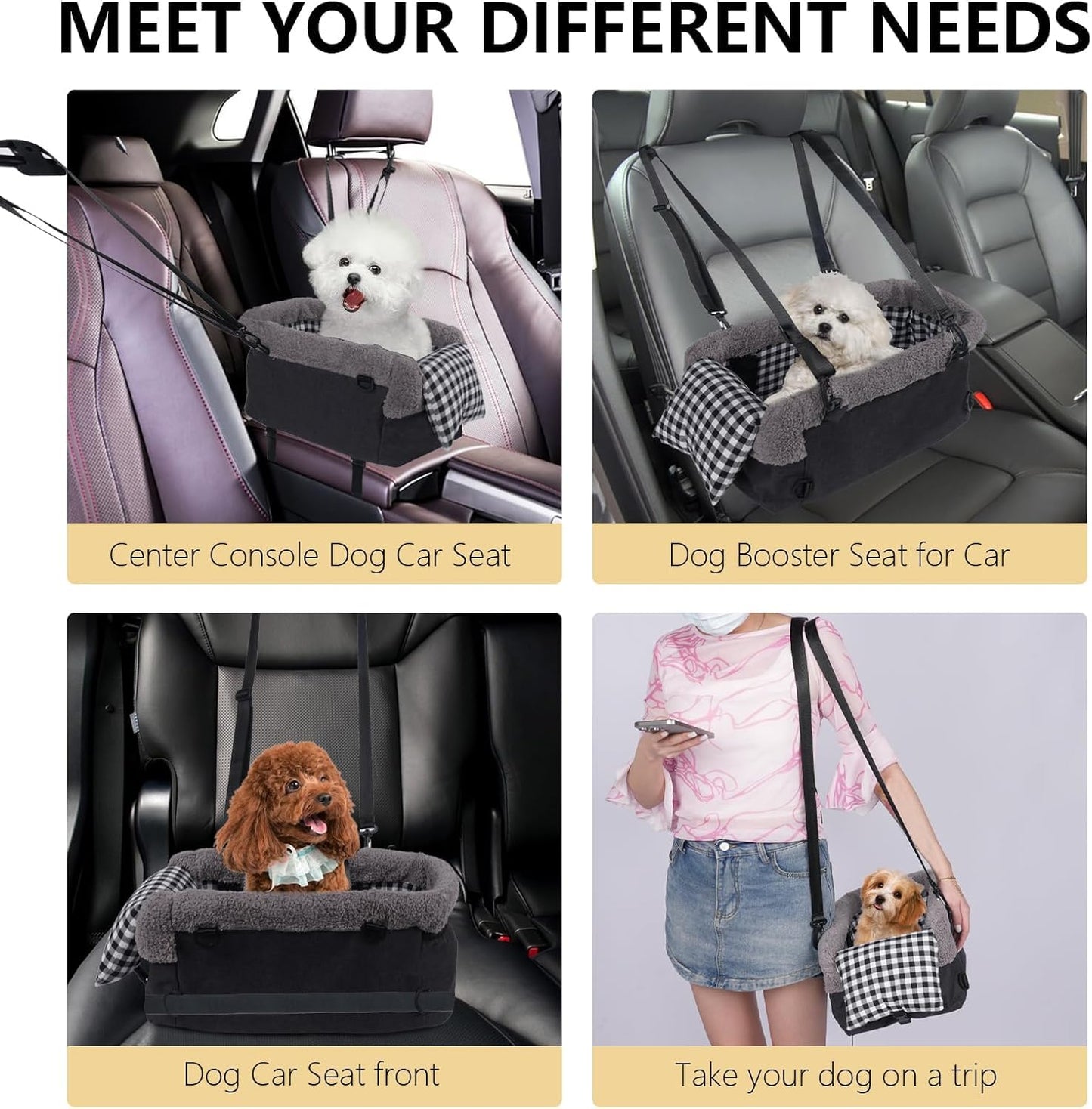 Console Small Dog Car Seat, Metal Frame Support Pet Car Seat, Soft Padded Upgraded Pet Portable Safety Booster Seat with Removable Headrest, Small Dog Car Console Safety Seat (Dark Gray)