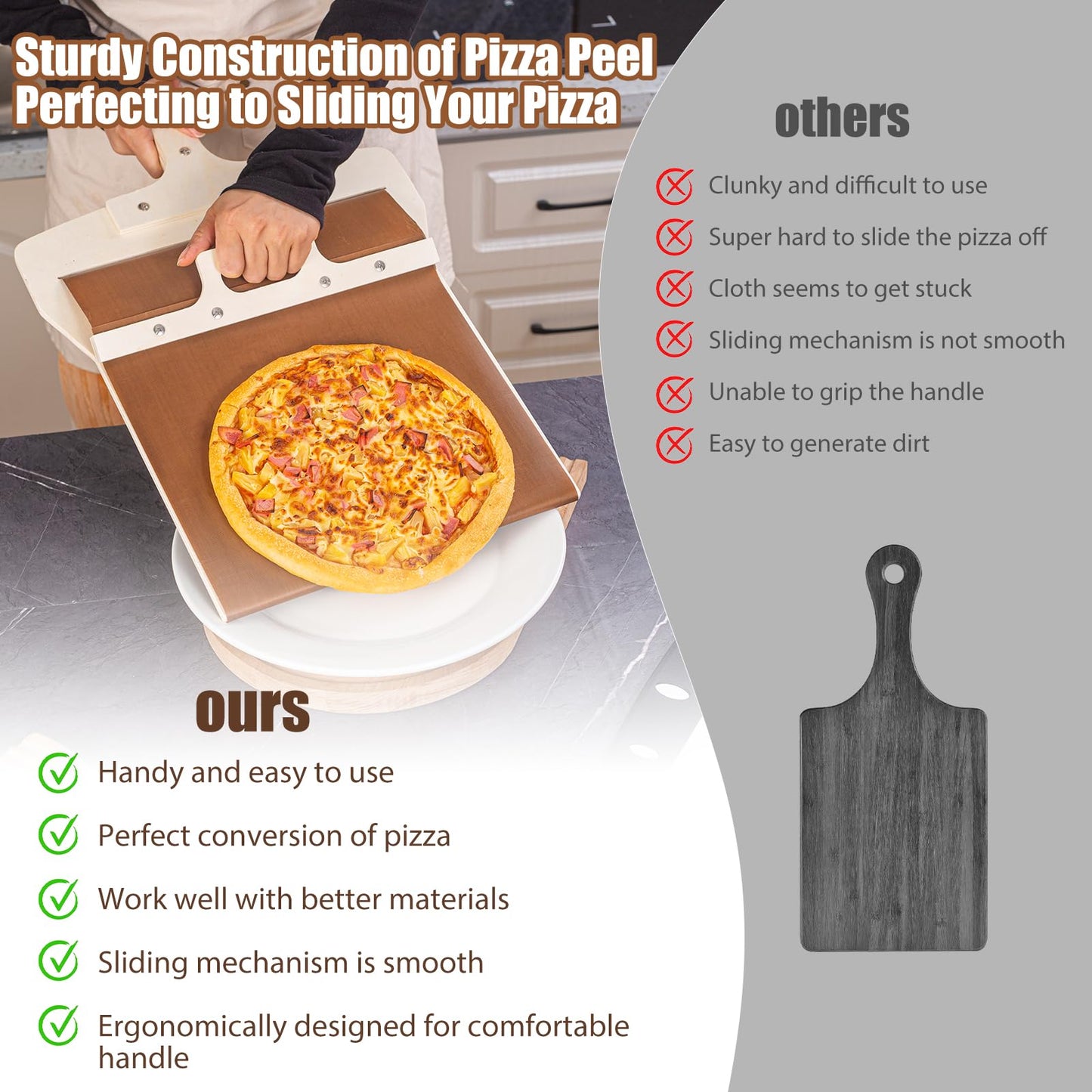 Leozzo Sliding Pizza Peel, Pizza Slider Paddle with Pizza Cutter Rocker, Non-Stick Pizza Peel Slider with Handle Detachable Transfers Pizza Pie, 12” Wood Sliding Pizza Peel with Replacement Cloth