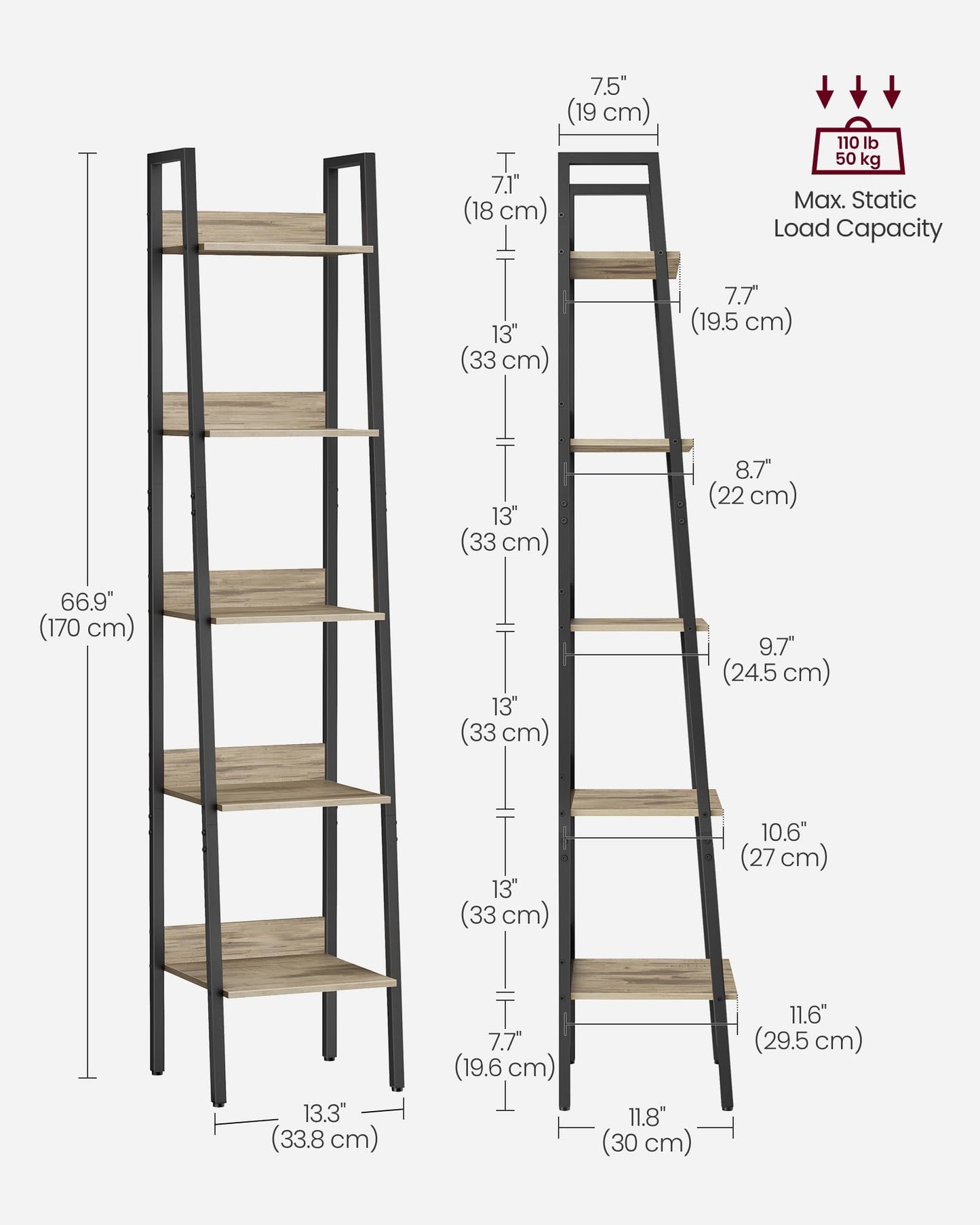VASAGLE Bookshelf, 5-Tier Narrow Book Shelf, Ladder Shelf for Home Office, Living Room, Bedroom, Kitchen, Camel Brown and Black ULLS109B50V2
