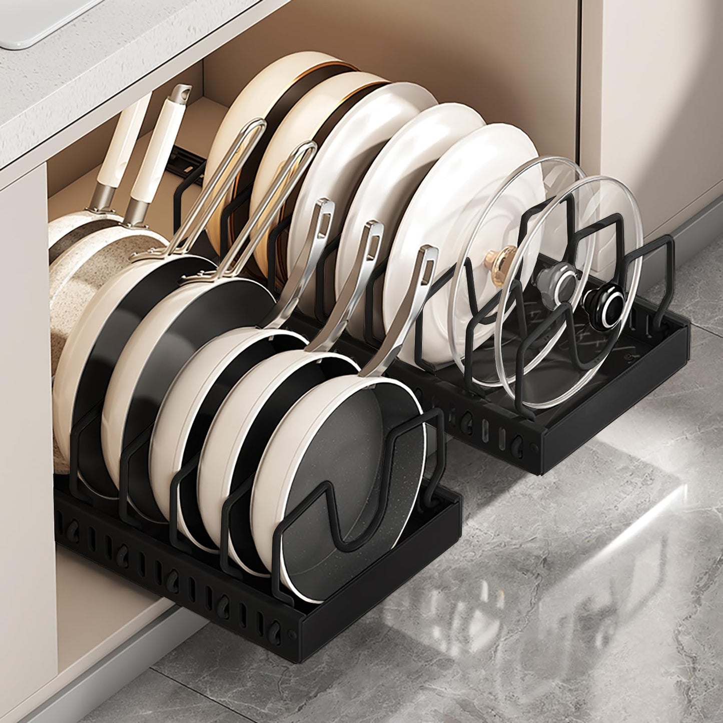 Pull Out Pots and Pans Organizer Rack for Cabinet and Countertop, Pull Out Cabinet Organizer with 8 Adjustable Dividers, Kitchen Storage for Pot Lid, Dishes, Bakeware, Pots and Pans, 2 Pack