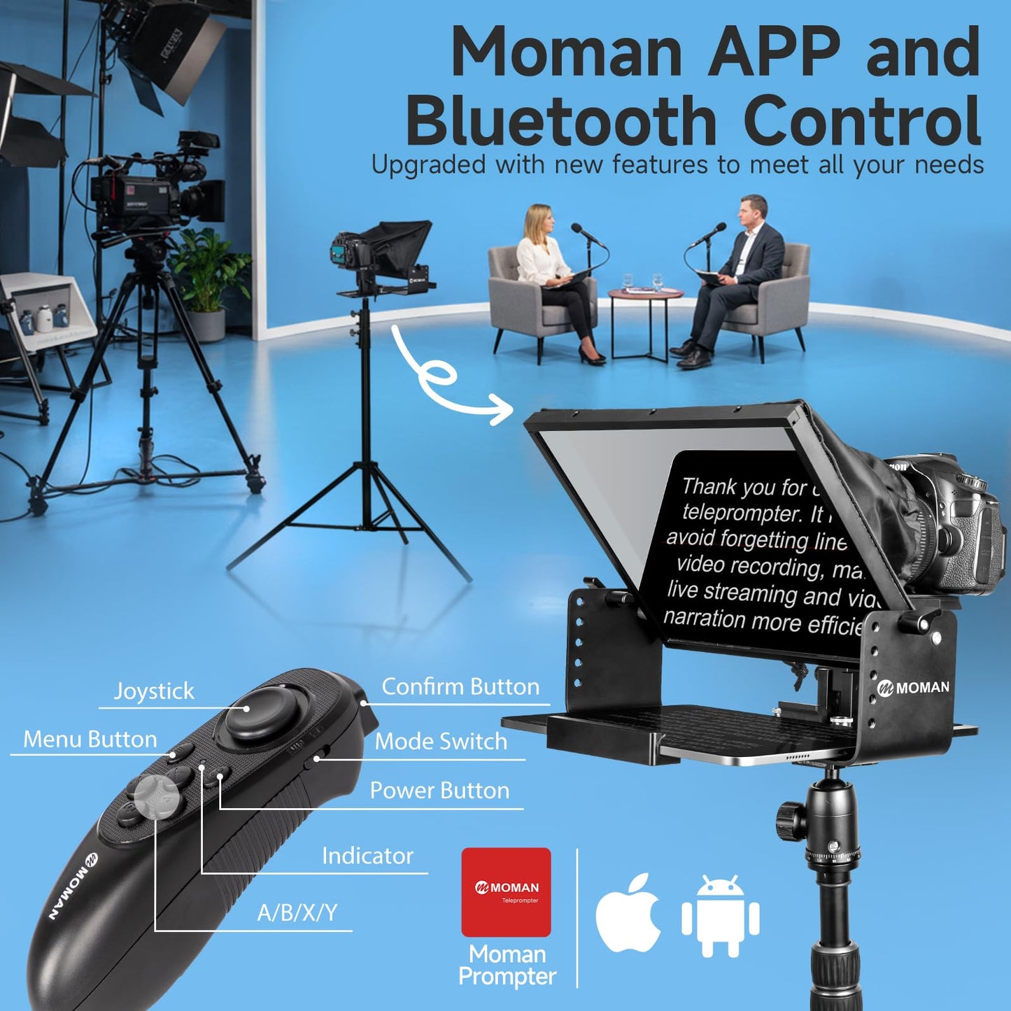 Moman Teleprompter, MT12 Metal Prompter Kit 12 inch for 12.9inch iPad Tablets with APP Remote Control for DSLR Camera Camcorder Smartphone Mobile, Tablet-Teleprompter-Autocue-Camera-Prompting