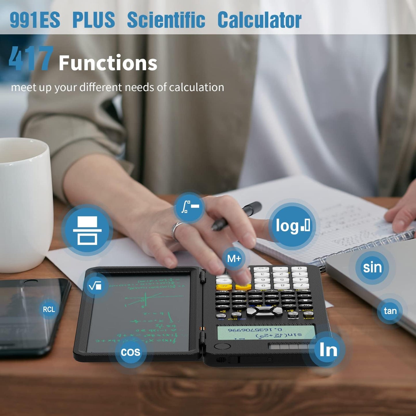 Scientific Calculator for High School 991ES Plus, ROATEE Calculators Multiview 4-Line Display with Writing Tablet, Rechargeable & Coin Battery Power Calculator Desktop Back to School Office Supplies