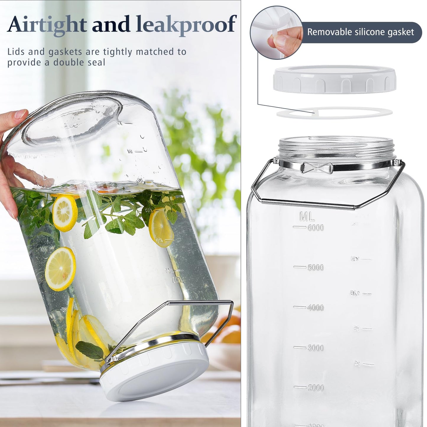 2 Gallon Large Glass Jar with Lid, Wide Mouth Storage Jars with Stainless Handle, Extra Big Glass Container with 2 Scale Mark for Storing Food, Kitchen Organization, 7400 ML/250 OZ