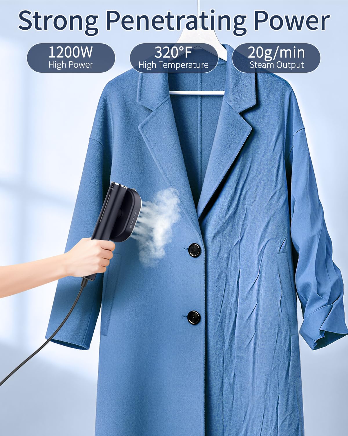 HULMAY Portable Steamer For Clothes Travel Mini Steamer and Iron Fast 10s Heat-Up, Horizontal and Vertical 1200W Effortless Wrinkle Removal, Garment Steamer and Iron for Travel Office Home(110-120V)
