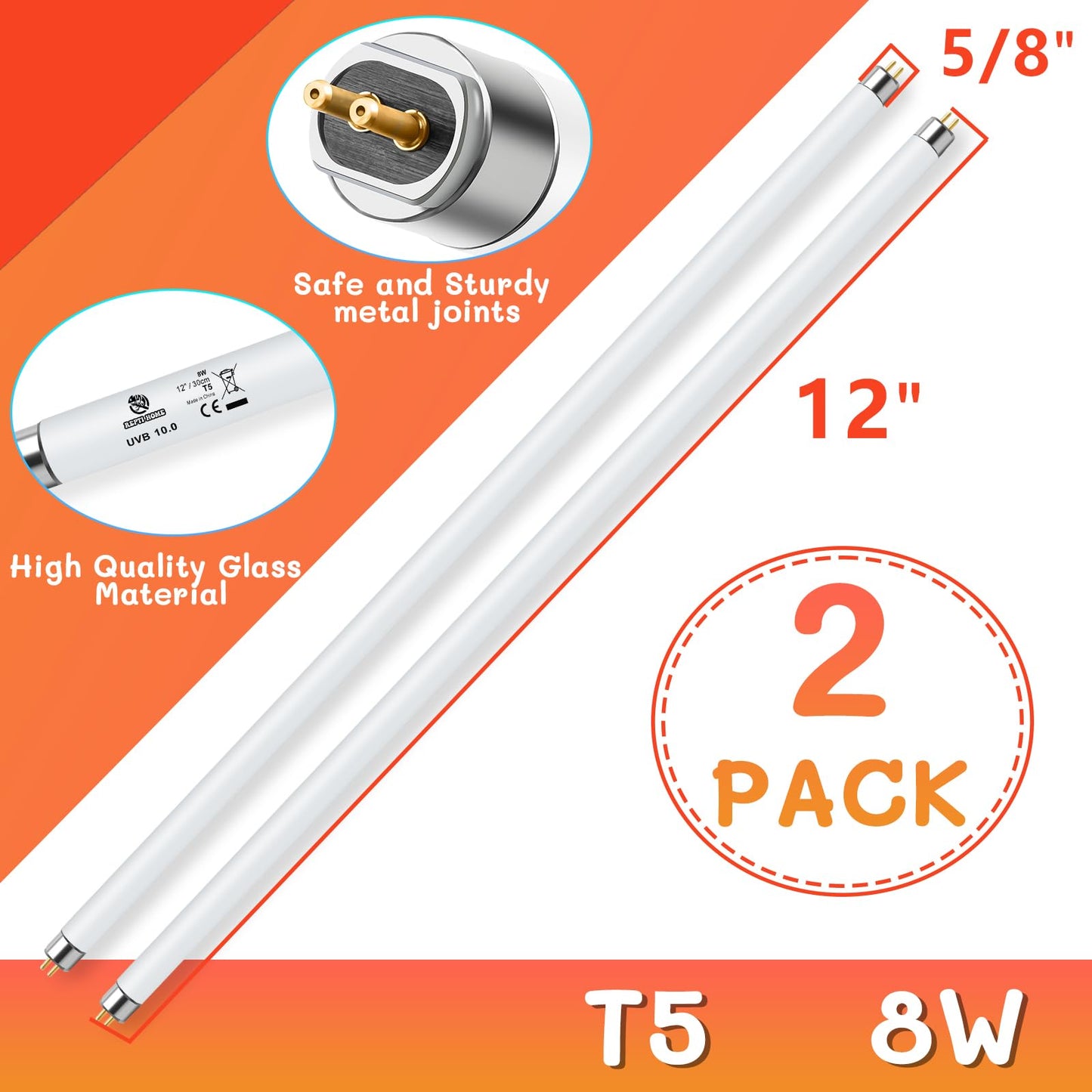 REPTI HOME 2PCS T5 UVB Reptile Light 8W 10.0,UVA UVB Light Bulb for Reptiles,Reptile UVB Lamp Tube for Bearded Dragon,12 Inchs