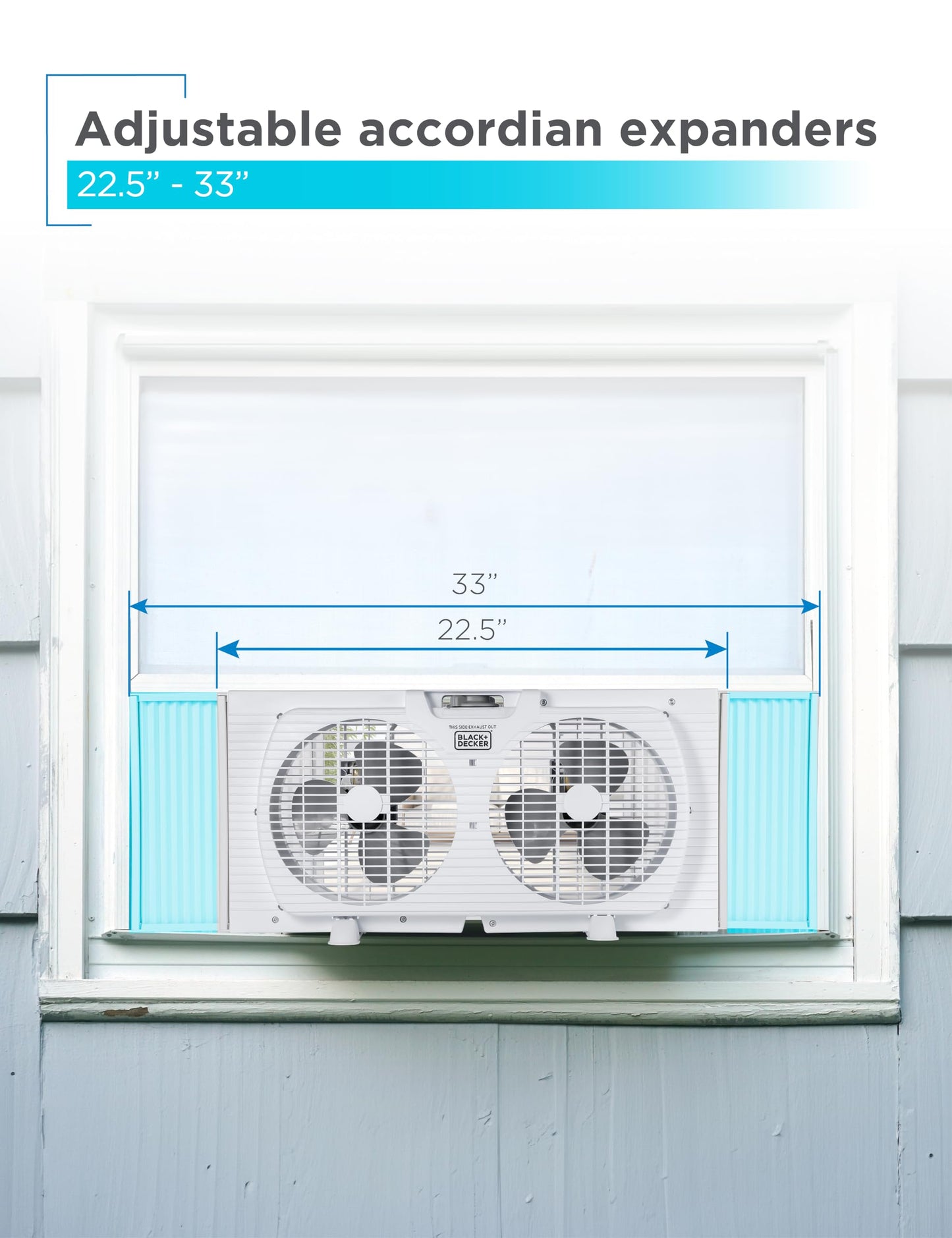 BLACK+DECKER 9" Dual Window Fan with 2 Speed Settings, Twin Fan Heads with Mechanical Dial Control, Removable Legs, For Sliding Windows up to 33” W with Accordion Expanders, BFW9M, White