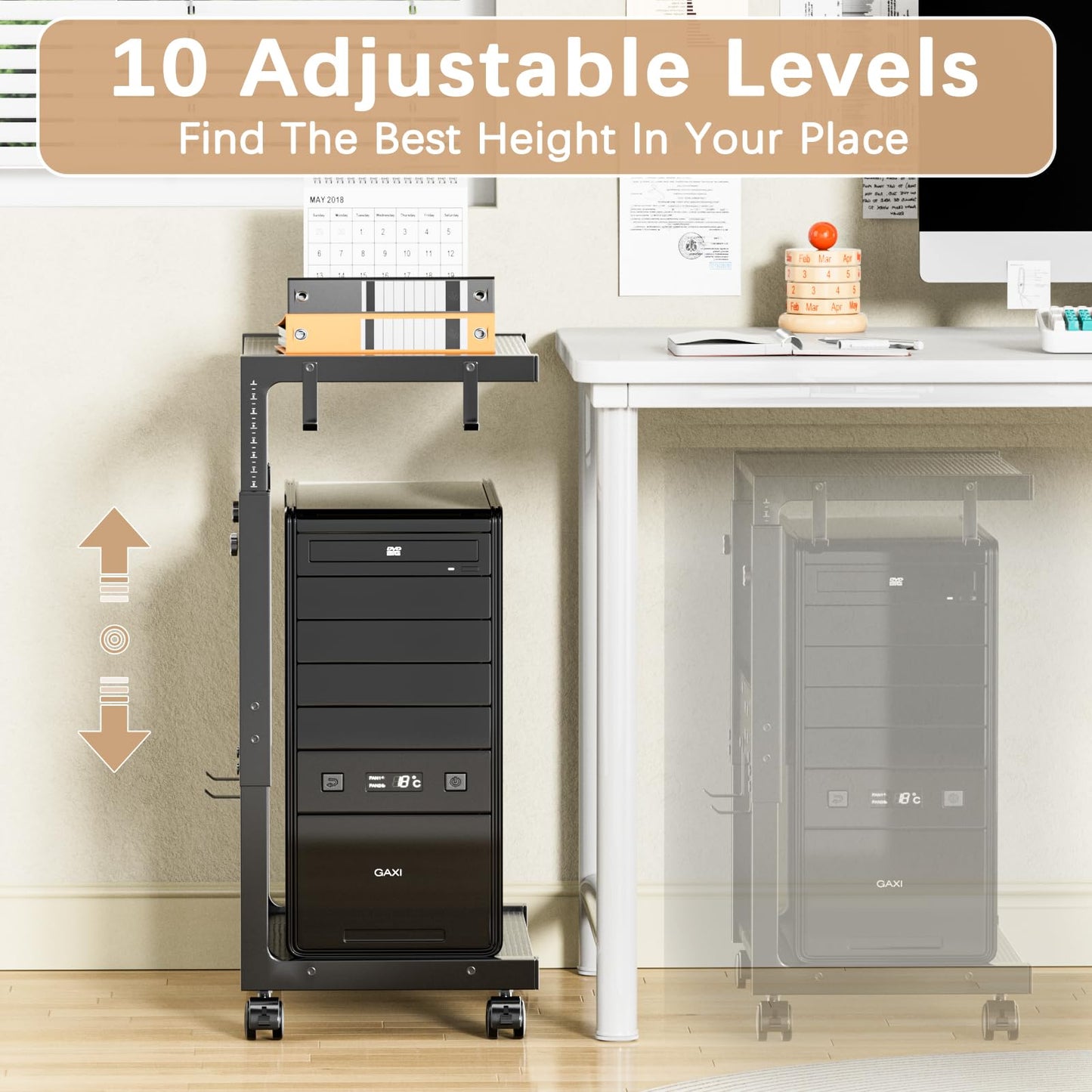 Computer Tower Stand - Height Adjustable PC Tower Stand CPU Holder Cart with Locking Wheels and 4 Hooks for Home Office,23.03"-28.3" H, Black