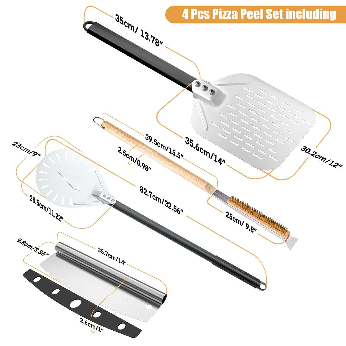 4-Piece Pizza Oven Accessories Kit, Includes 12 Inch Perforated Pizza Peel, 9 Inch Round Pizza Turning Peel, Oven Brush with Scraper and Rocker Cutter, Pizza Spatula Paddle Set for Home Pizza Making