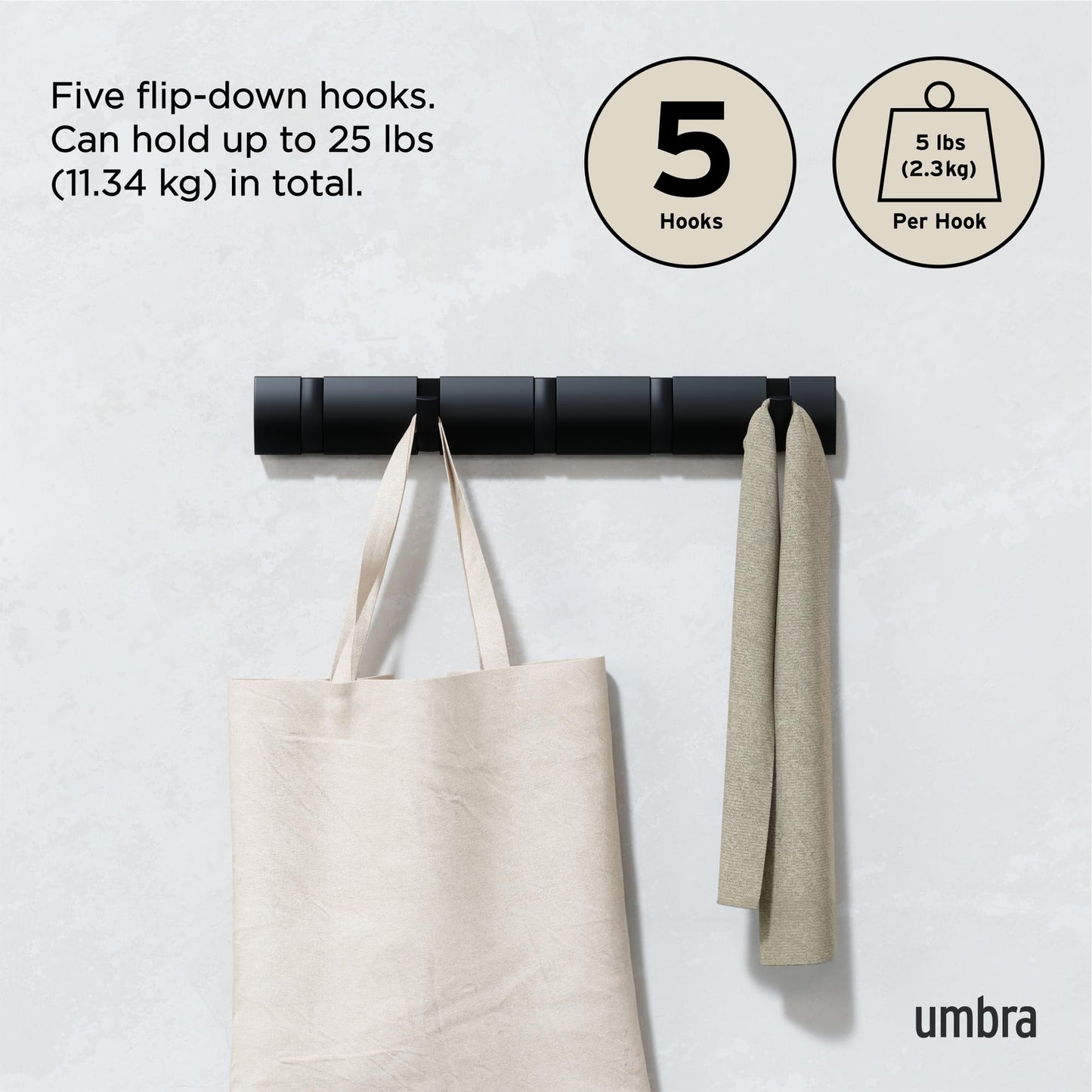 Umbra Flip Wall-Mounted Coat Rack with 5 Hooks – Modern, Space-Saving Storage for Hats, Jackets, Bags, Entryway, Mudroom, Closet, Bathroom, Bedroom – Black