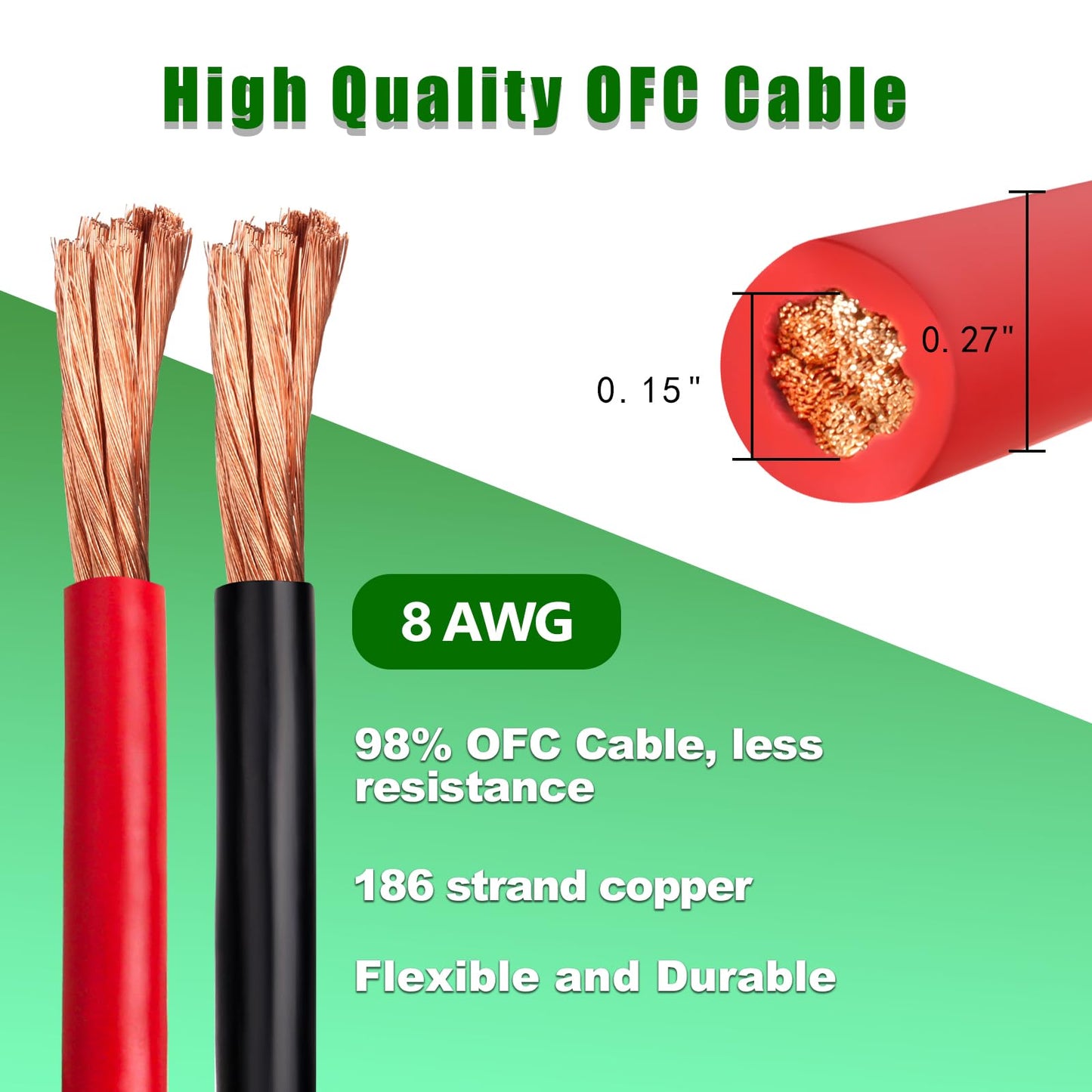 Kimbluth 8 Gauge Battery Cable Copper Wire, 10FT Red+10FT Black 8 AWG Welding Cable Standard USA OFC Wire for Automotive, Battery, Solar, Marine and Generator