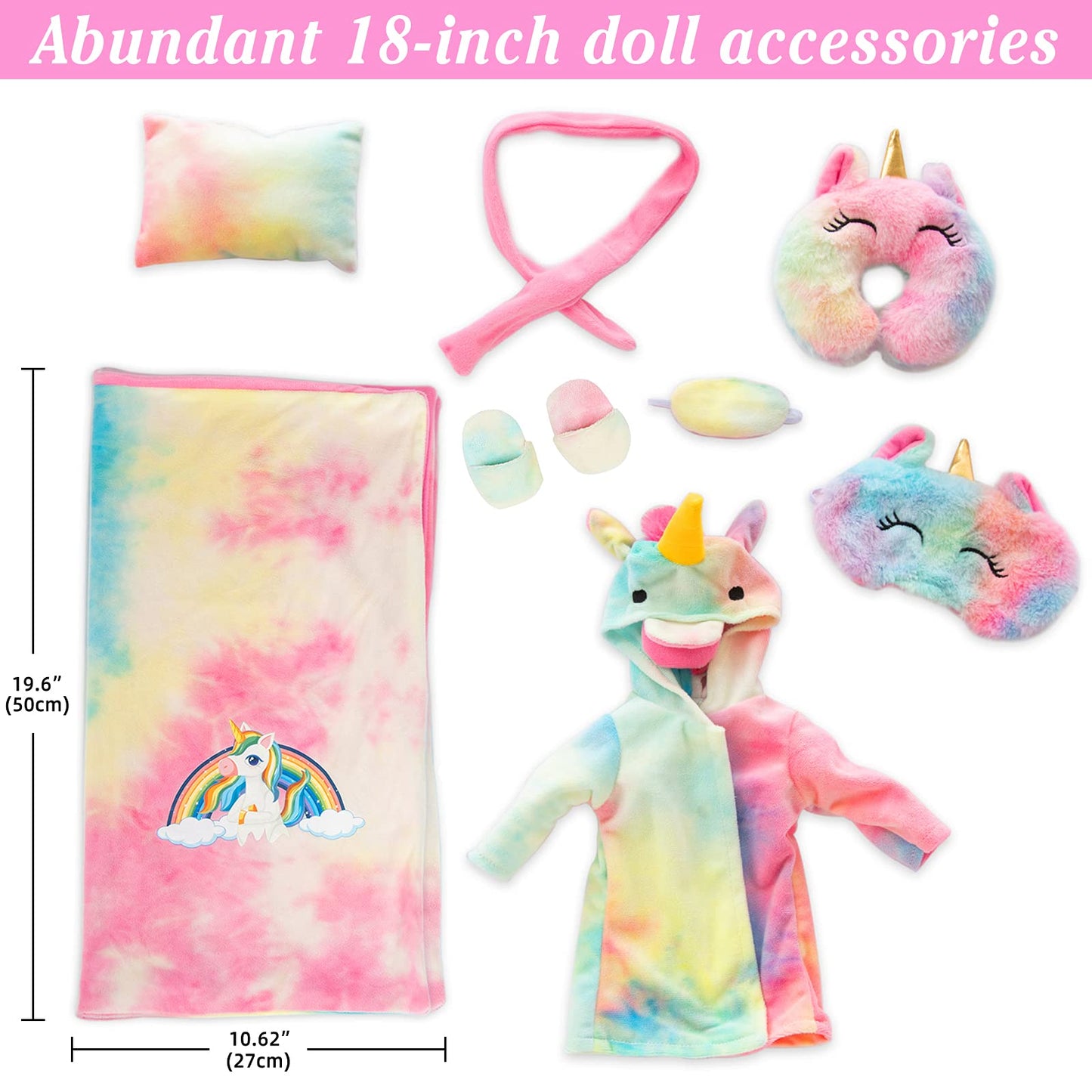 XFEYUE American 18 inch Doll Clothes and Doll Sleeping Bag Set - Rainbow Unicorn Doll Costume with Unicorn Style Sleeping Bag, Pillow, Eye Mask Slumber Party Accessories Fits 18 Inch Doll (No Doll)