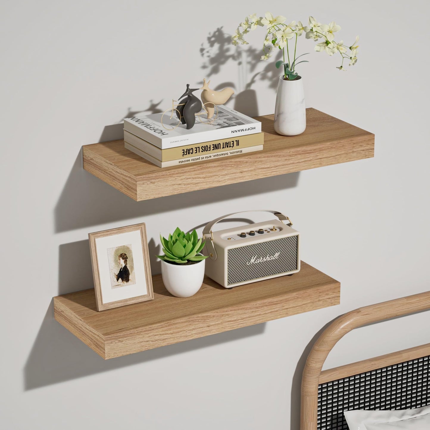 INHABIT UNION Oak Floating Shelves Wood for Wall 15.7in Wall Mounted Display Ledge Shelves Perfect for Bedroom, Bathroom, Living Room and Kitchen Decoration Storage(Set of 2)
