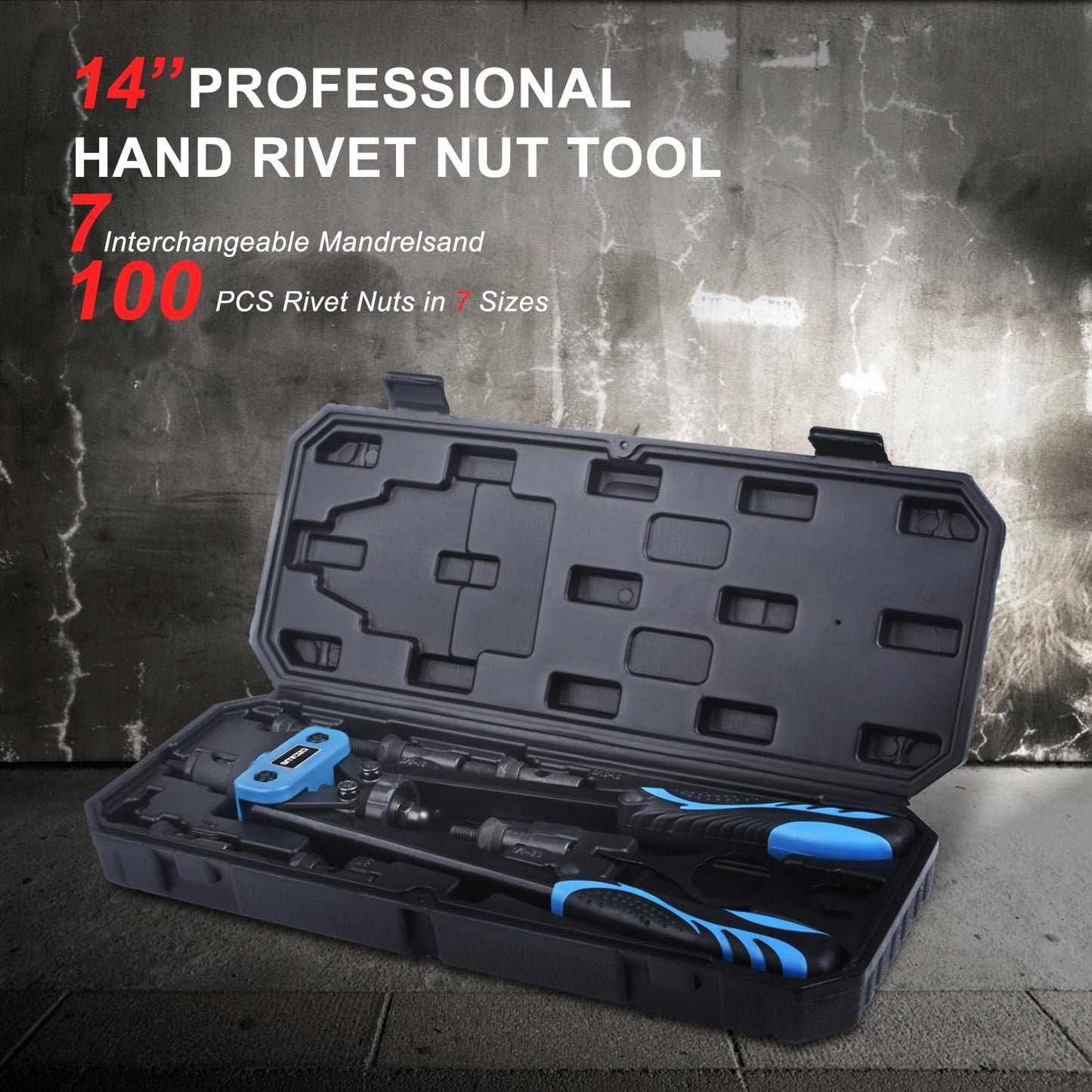 Smraza 14'' Rivet Nut Tool with 100PCS Rivnuts, Professional Rivet Nut Setter Kit, Hand Blind Riveter with 7PCS Metric & Inch Mandrels, Rugged Carrying Case 10-24 M6 M8 M10 1/4-20, 5/16-18, 3/8-16
