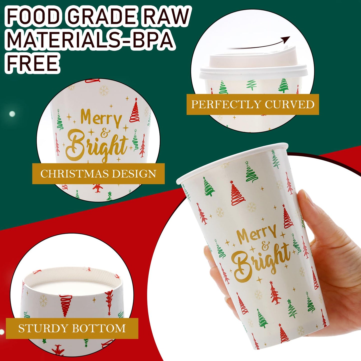 Tamone 100 PACK Christmas Cups 16OZ Disposable Coffee Cups with Lids Leak Proof, Green and Red Christmas Tree Design for Cold/Hot Coffee Beverage Chocolate Cocoa for Home Office