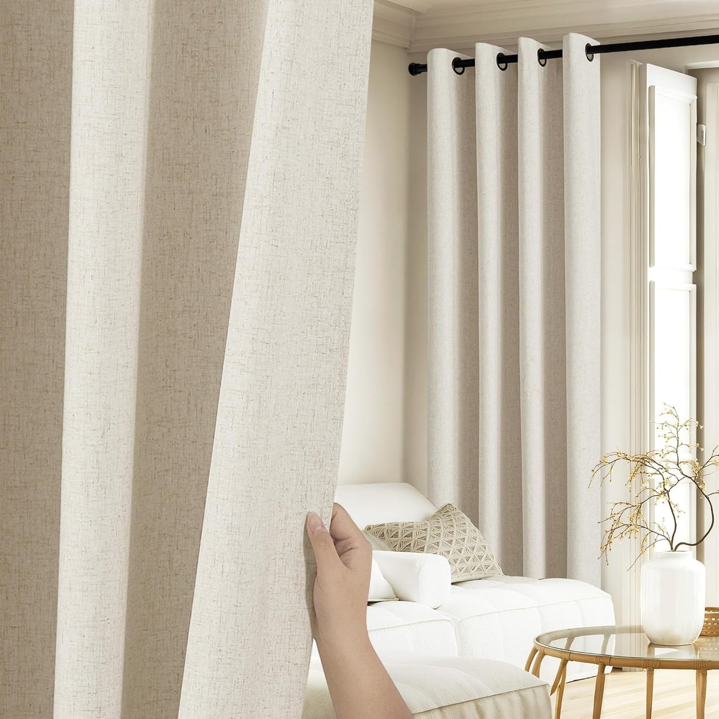 NICETOWN Linen Curtains 84 Inch Long 100% Blackout 2 Panels Natural Thick Farmhouse Living Room Soundproof Curtain Thermal Insulated Window Treatment Door Curtain Drapes (52-Inch Width Each Panel)