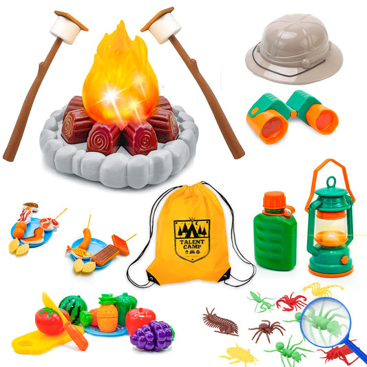 Camping Toys for Kids - Pretend Campfire for 3 4 5 6 7 Year Old Boys Girls - Pretend Play with Toy Campfire/Play Food/Oil Lantern/Kids Explorer Kit