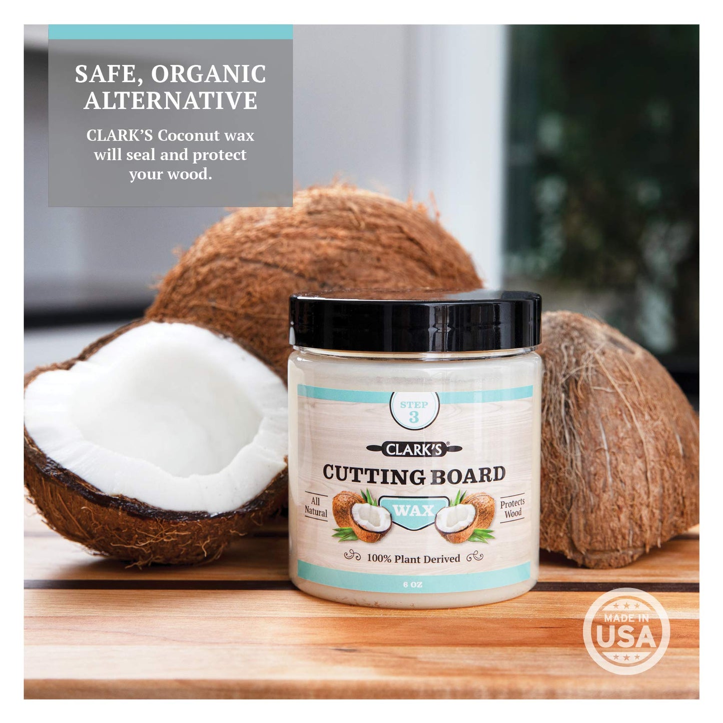 CLARK'S Coconut Cutting Board Oil and Wax Finishing Kit - Made With Refined Coconut Oil - Includes 12oz Oil, 6oz Wax, Small Applicator and Buffing Pad - For Butcher Block