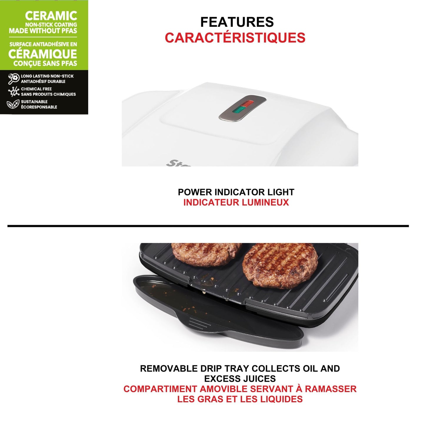 Starfrit Grill And Panini Press With Ceramic Coating - Non-Stick Coating - PFAS-Free - Removable Fat And Oil Collection - White