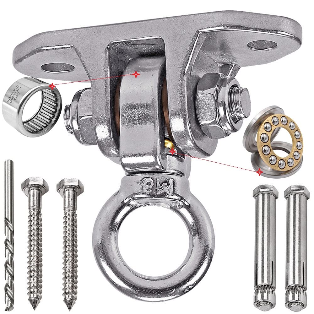Heavy Duty 360° Swivel Swing Hanger, Stainless Steel Swing Hook for Ceiling Wooden Porch Swing Hanging kit Playground Gym Rope Boxing Hammock Chair Yoga Trapeze 1500 lb Capacity