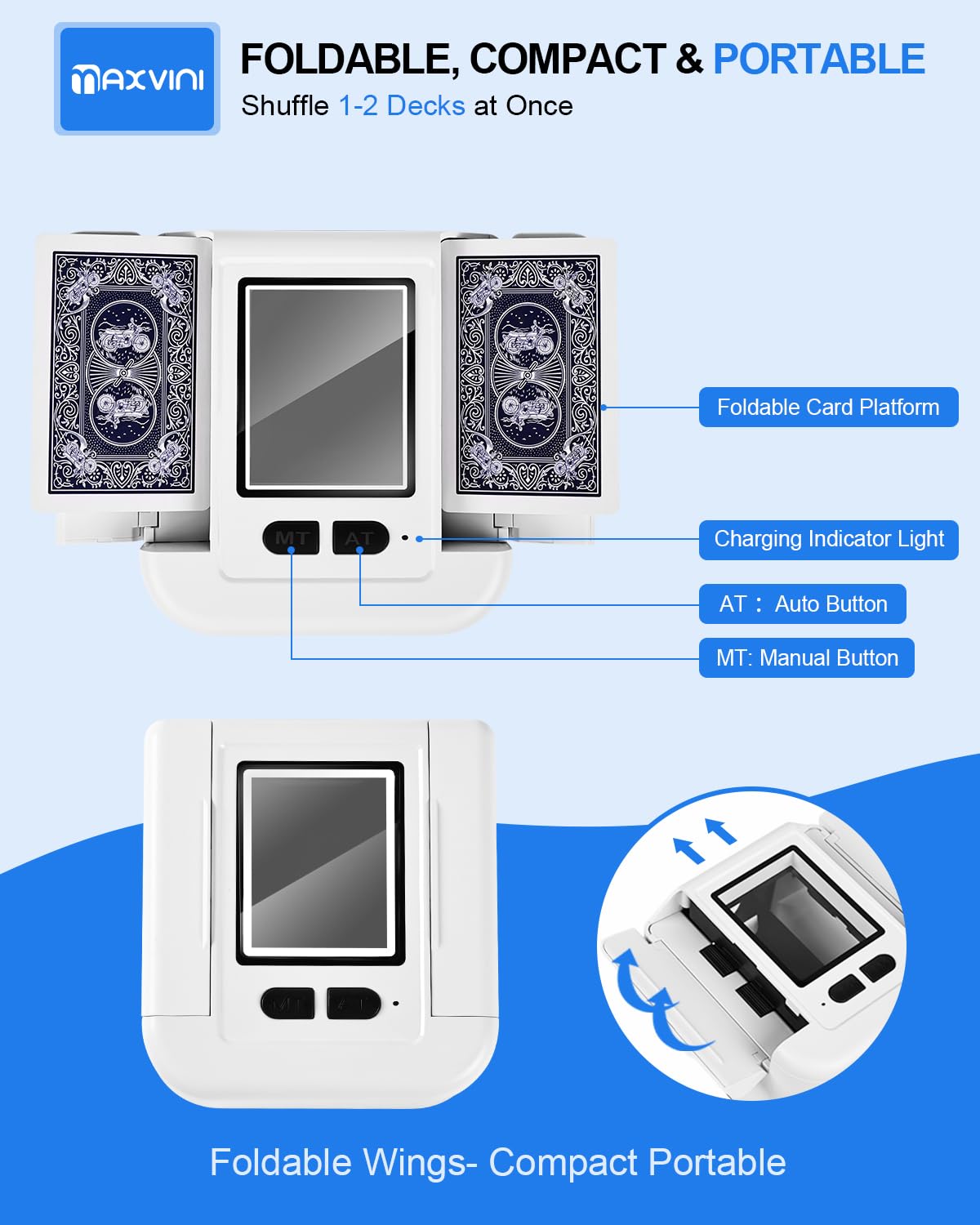 Automatic Card Shuffler Machine, Rechargeable Shuffle Machines for 2 Deck with AUTO & Manual Mode, Card Case, Foldable & Portable Shuffler Machine for Poker, UNO, Skip-Bo, Blackjack, Phase 10
