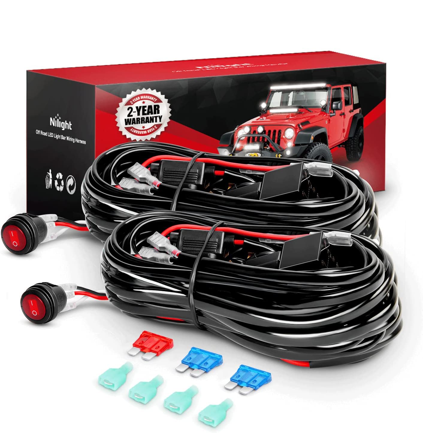 Nilight 2PCS 16AWG LED Light Bar Wiring Harness Kit - 2 Leads 12V On Off Switch Power Relay Blade Fuse for Off Road Lights LED Work Light, 2 Years Warranty