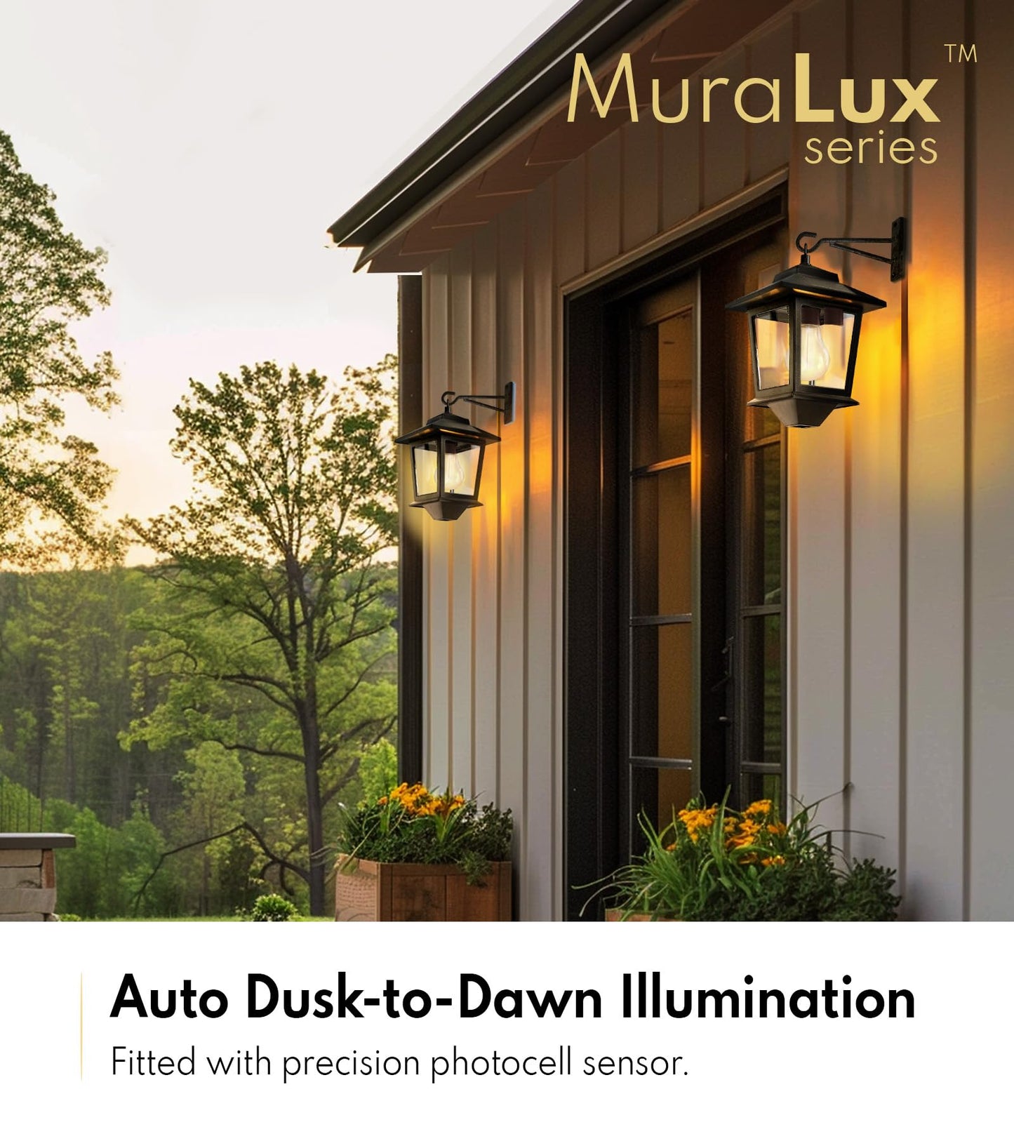 PASAMIC 2 Pack Solar Wall Lanterns with Replaceable Bulb, Outdoor Hanging Solar Lights with 4 Solar Panels, Dusk to Dawn Led Outdoor Wall Sconce, Anti-Rust Waterproof Wall Lanterns with Hooks