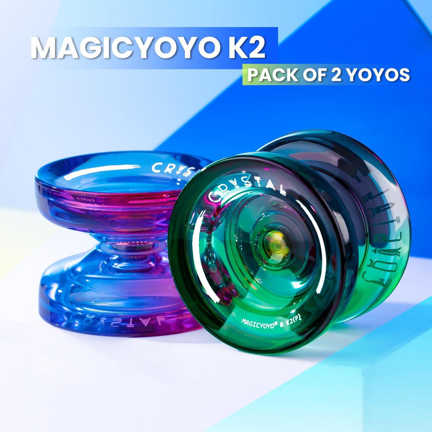 MAGICYOYO K2 Professional Yoyo Set - 2 Pack Dual Mode (Responsive/Unresponsive) with 12 Strings, Bearing Tool & Case - Best for Kids/Beginners (Crystal Gradient)