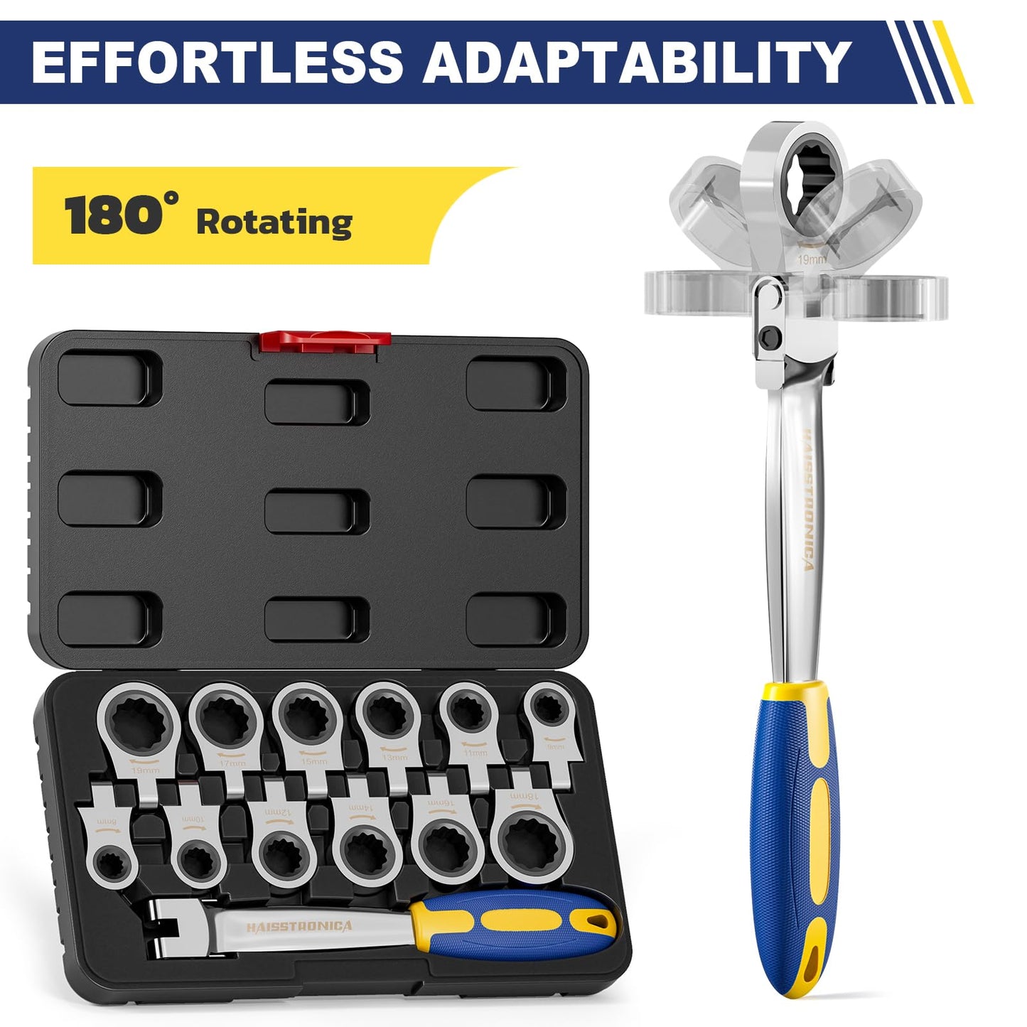 haisstronica 12 in 1 Interchangeable Heads Ratcheting Combination Wrench Set, 8-19mm Metric Flex Head Ratchet Wrench Tool for Auto, Tools for Men Gift