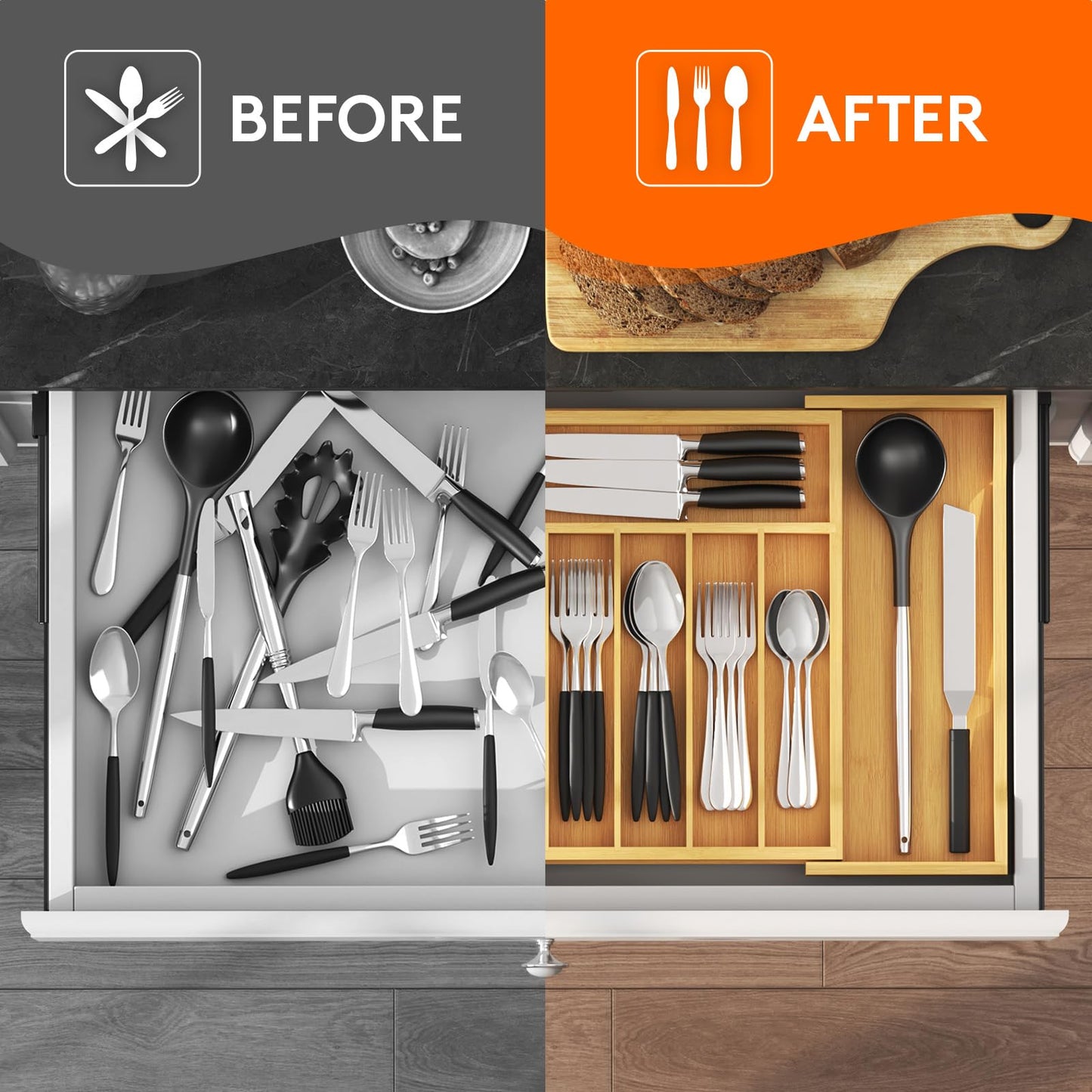 Lifewit Large Cutlery Drawer Organizer, Expandable 13" to 22.4" Utensil Holder for Kitchen, Bamboo Flatware and Silverware Tray, Wood Adjustable Storage for Spoons Forks Knives, Natural
