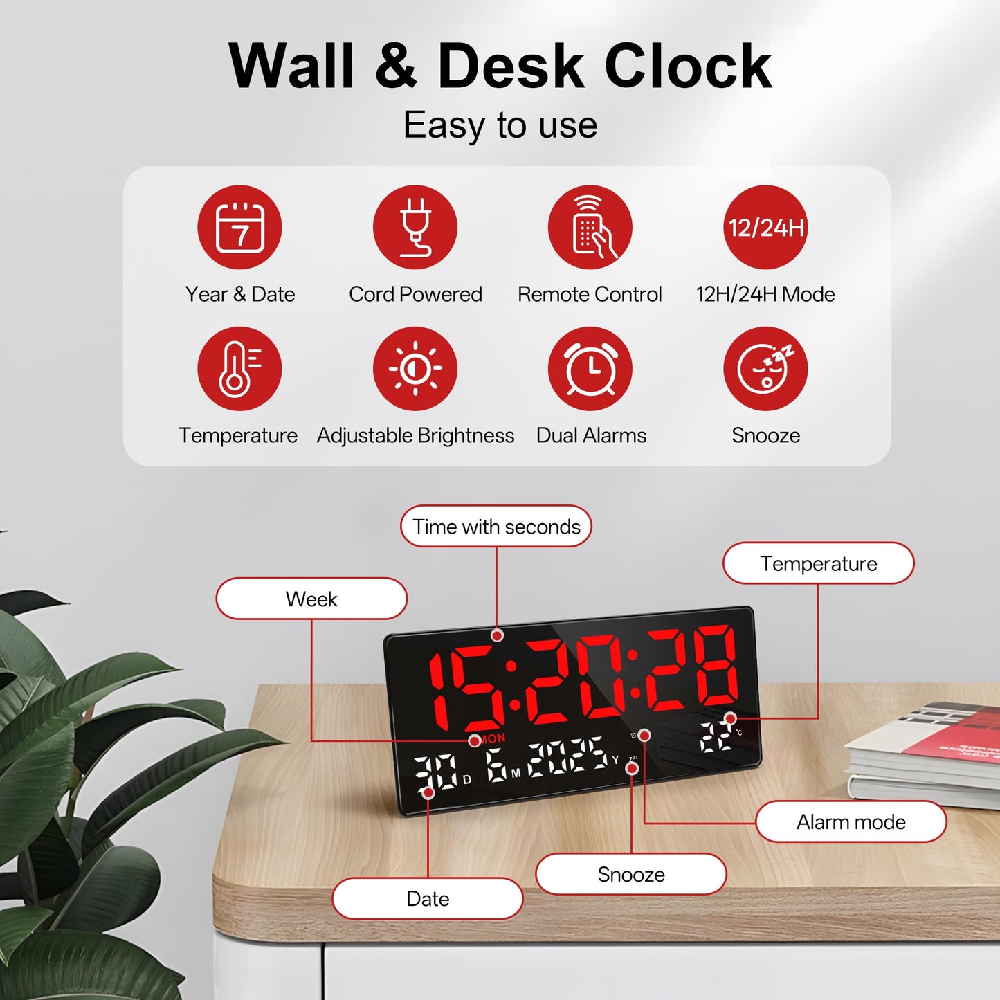 Lafocuse Large Digital Wall Clock 15.5 Inch LED Display, Red Digital Clock Powered by Cord with Remote Control, 2 Alarms, Date, Week, Temperature, Modern Electronic Clock for Living Room Bedroom