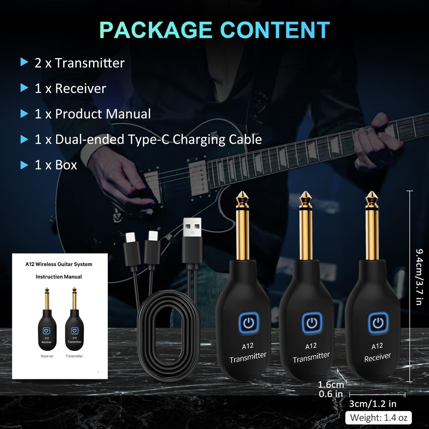 A12 Wireless Guitar Transmitter Receiver - 2.4GHz System, 24-bit 48KHz Audio, 100ft Range, No Latency, Rechargeable, Easy Pairing for Electric Guitar & Bass - Accessories (2TX+1RX)