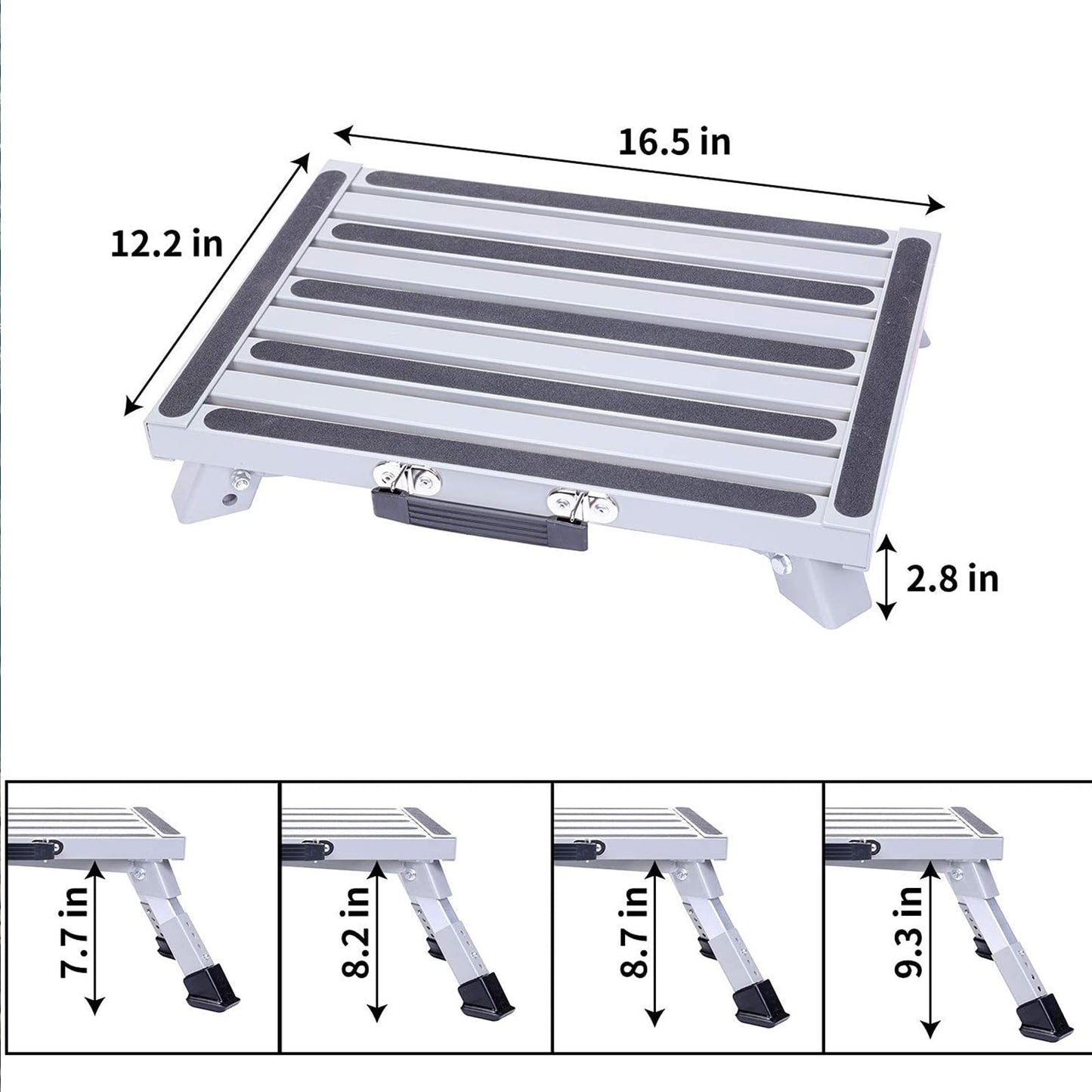 Homeon Wheels Stable RV Steps Adjustable Height Aluminum Folding Platform Step with Non-Slip Rubber Feet, Reflective Stripe, Handle, RV T Level, More Stable Up to 1000 lbs 16.5" x 12.2" RV Step Stool