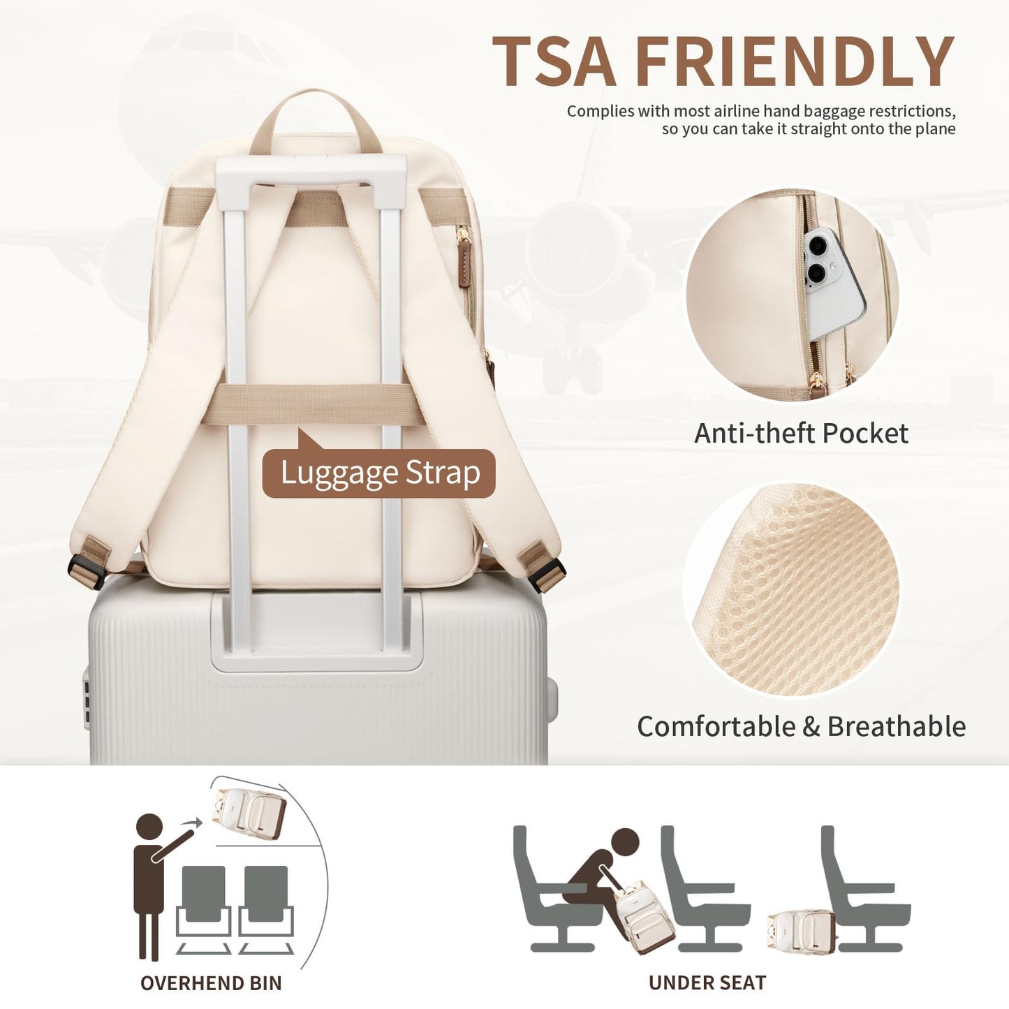 TENSTAR Laptop Backpack for Women, Computer Backpack Fit 16 Inch Notebook, Large Capacity College Backpack Bookbag Casual Daypack for Travel, Apricot