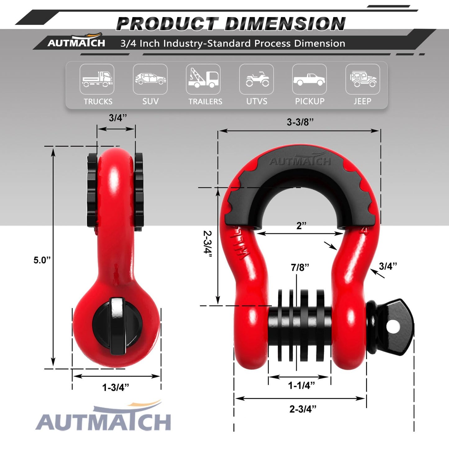 AUTMATCH D Ring Shackle 3/4" Shackles (2 Pack) 41,887Ibs Break Strength, Clevis Shackles with 7/8" Screw Pin and Shackle Isolator Washers Kit for Tow Strap Winch Off Road Vehicle Recovery, Red & Black