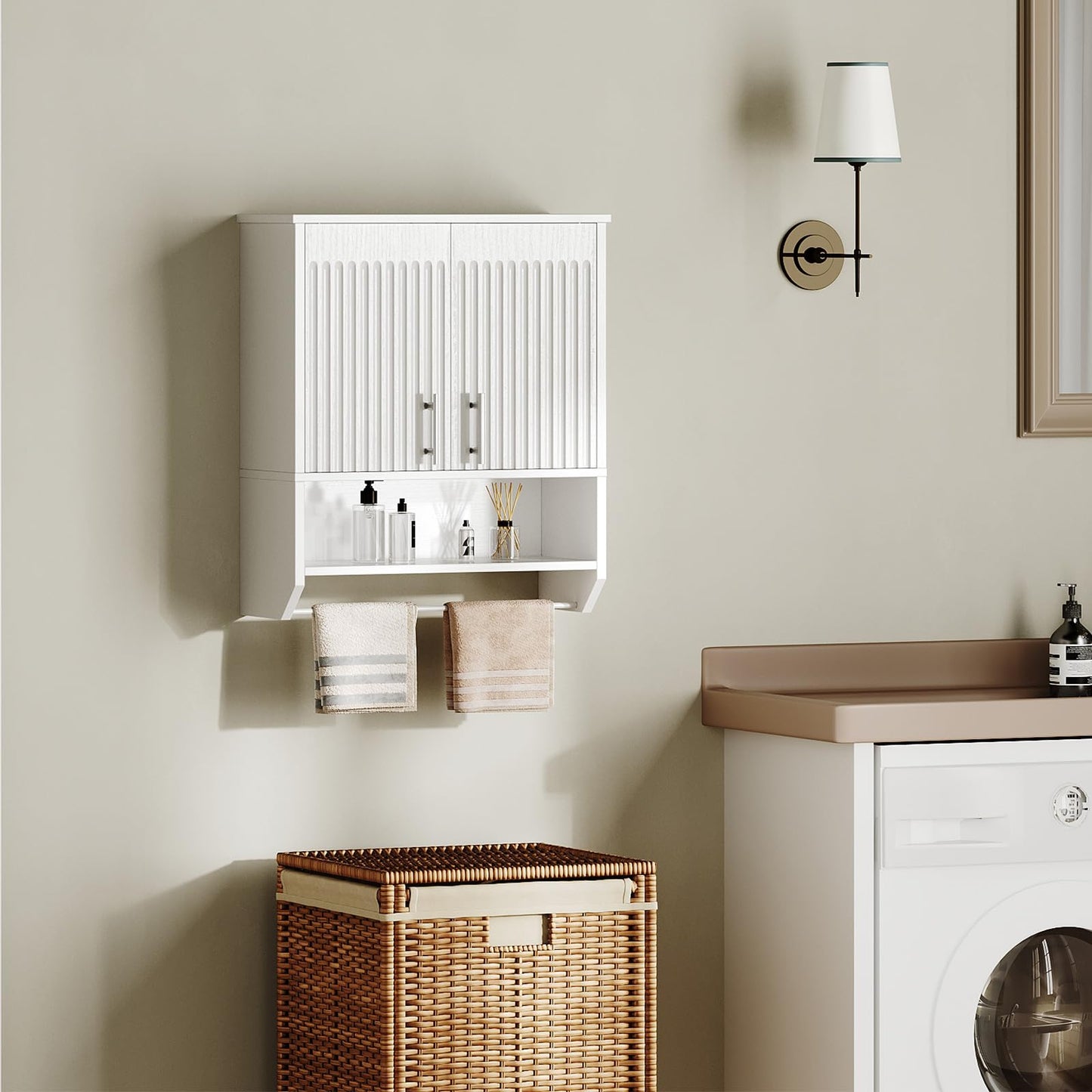 HOOBRO Bathroom Wall Cabinet, Farmhouse Medicine Cabinet, Wall Mounted Bathroom Cabinet with Towel Rack, Adjustable Shelf, for Small Spaces, Bathroom, Kitchen, White WW135CW01