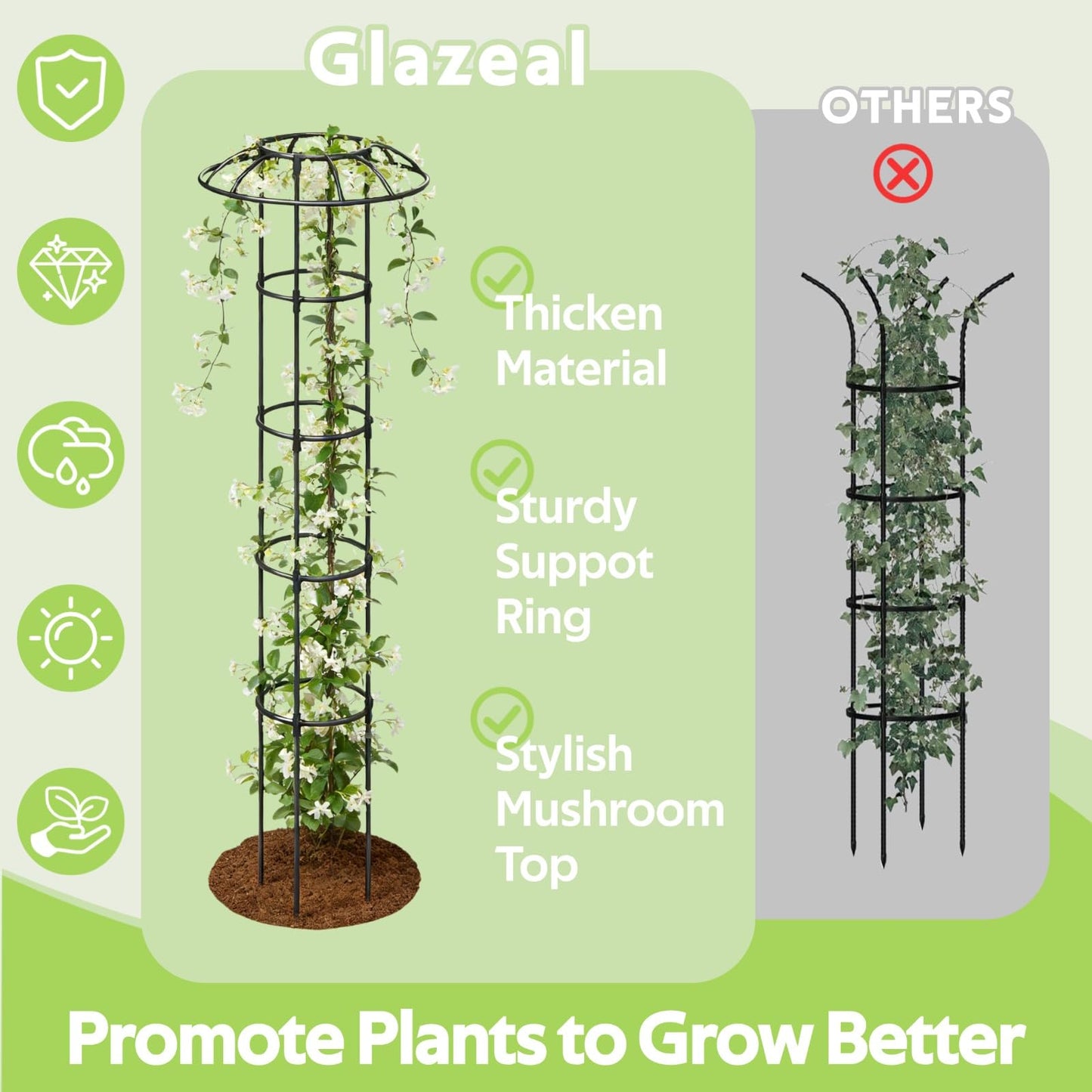 Glazeal Garden Trellis for Climbing Plants Outdoor - Unique Mushroom Top Round Trellis for Indoor Potted Plant - 64" Tall Rustproof PE Coated Metal Pipe Obelisk Support Ivy Vine Rose Grape Vegetable
