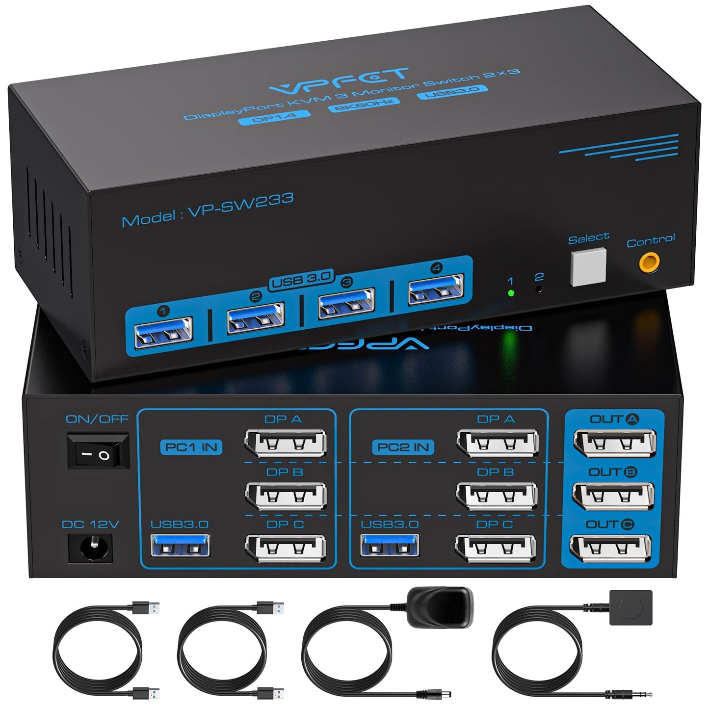 8K KVM Switch 3 Monitors 2 Computers Displayport 4K@120Hz USB 3.0 KVM Switches DP 1.4 Monitor Switch for 2 Computers with 4 USB Ports Support Extended & Copy Mode, With 12V DC Adapter and 2 USB cables