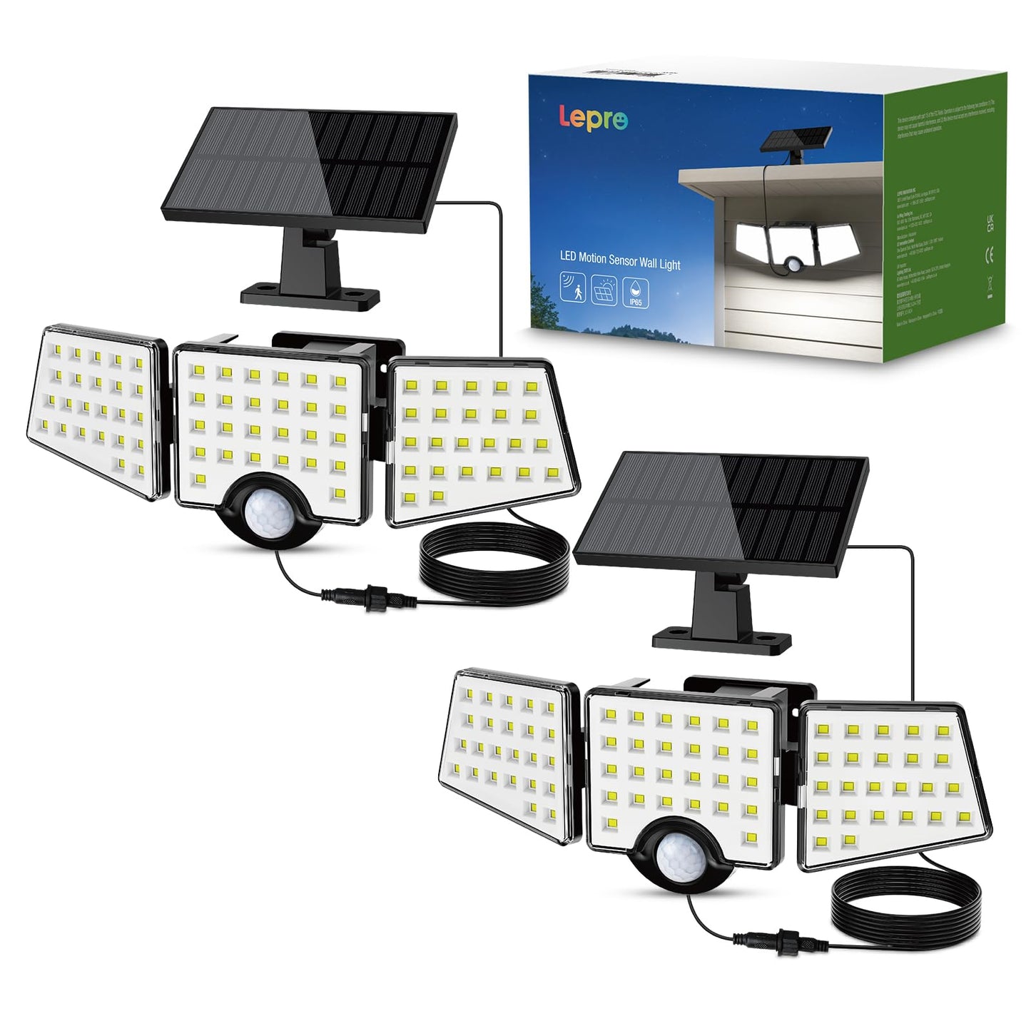 Lepro Solar Motion Sensor Light Outdoor 2-Pack, 72 LEDs 1000lm Security Flood Light Separate Panel 3 Adjustable Heads 6500K White Light IP65 Waterproof Solar Lights Outdoor for Porch Yard Garage