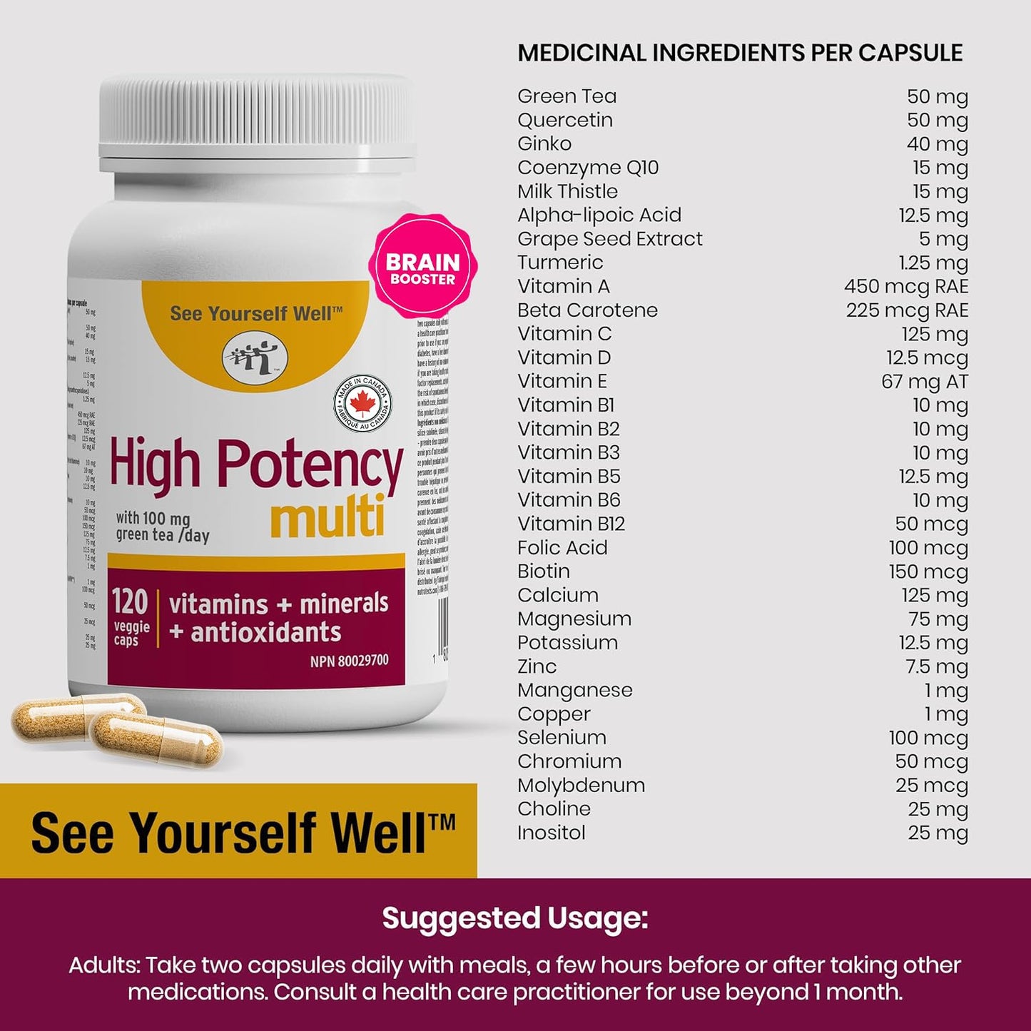 Brain Booster Supplement with Anti Aging Essentials. For Concentration, Brain Fog, Mental Alertness, Focus, Clarity, & Memory Support. 30+ Vitamins & Minerals. By See Yourself Well 120ct